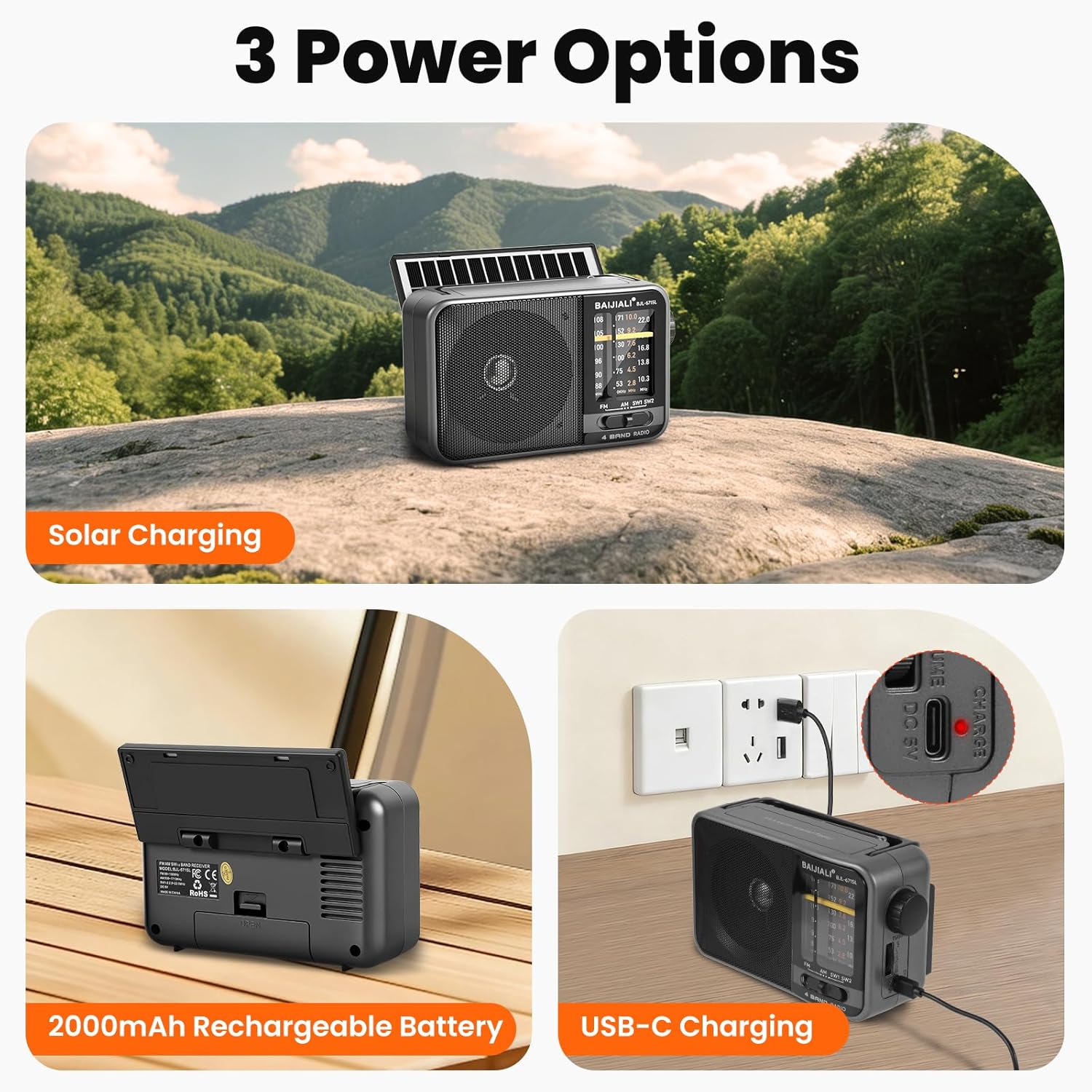 Solar-Powered Portable Radio, AM/FM/SW Radio with Loud Speaker, Built-in Rechargeable Battery and USB-C - Emergency Radio for Outdoor, Camping, Travel, Storms and Power Outages (Model BJL-671-Solar)