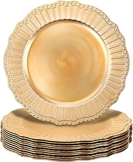 Dicunoy 12 Pack Charger Plates, 13Inch Plastic Gold Dinner Under Plates with Round Service Base, Reusable Beaded Server Ware Serving Trays for Wedding, Christmas Dinner Table