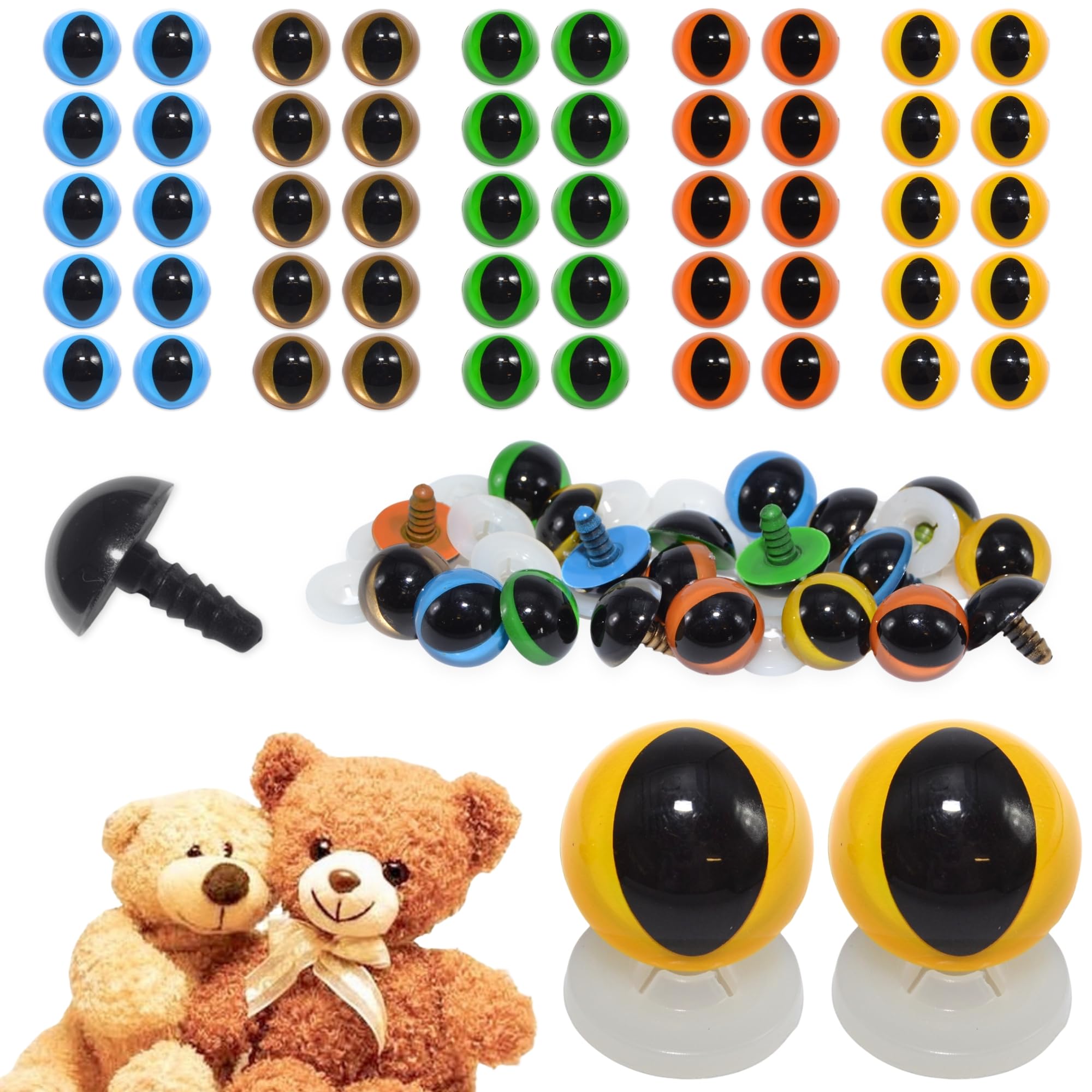 celloexpress 21mm Mixed Cats Eyes with Plastic Backs - Safety Eyes for Soft Toy Teddy Bear Animal Making (Pack of 50 Pairs)