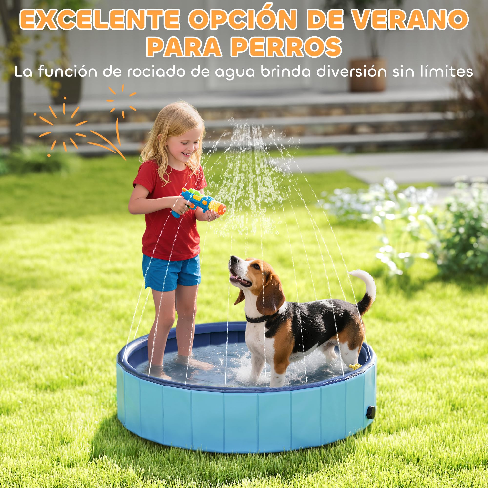 PawHut Piscina para Perros Plegable con Aspersor Bañera Portátil para Perros Medianos y Pequeños de plástico Antideslizante y Resistente al Desgaste para Interiores y Exteriores Ø100x30 cm Azul Claro