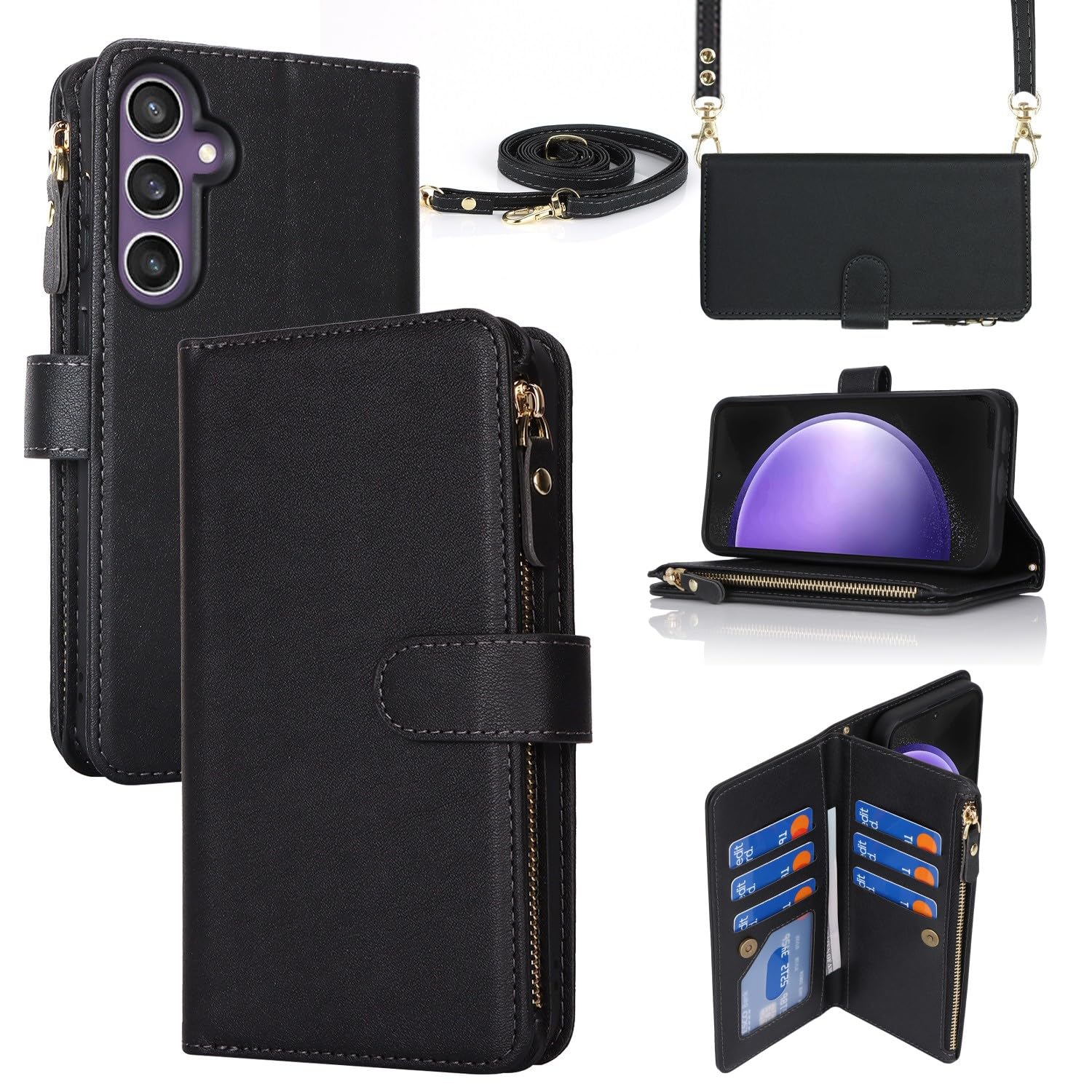 iCoverCase for Samsung Galaxy S23 FE Wallet Case with Card Holder, Kickstand Feature PU Leather Case with Adjustable Crossbody Lanyard Magnetic Clasp Zipper Pocket Flip Cover (Black)