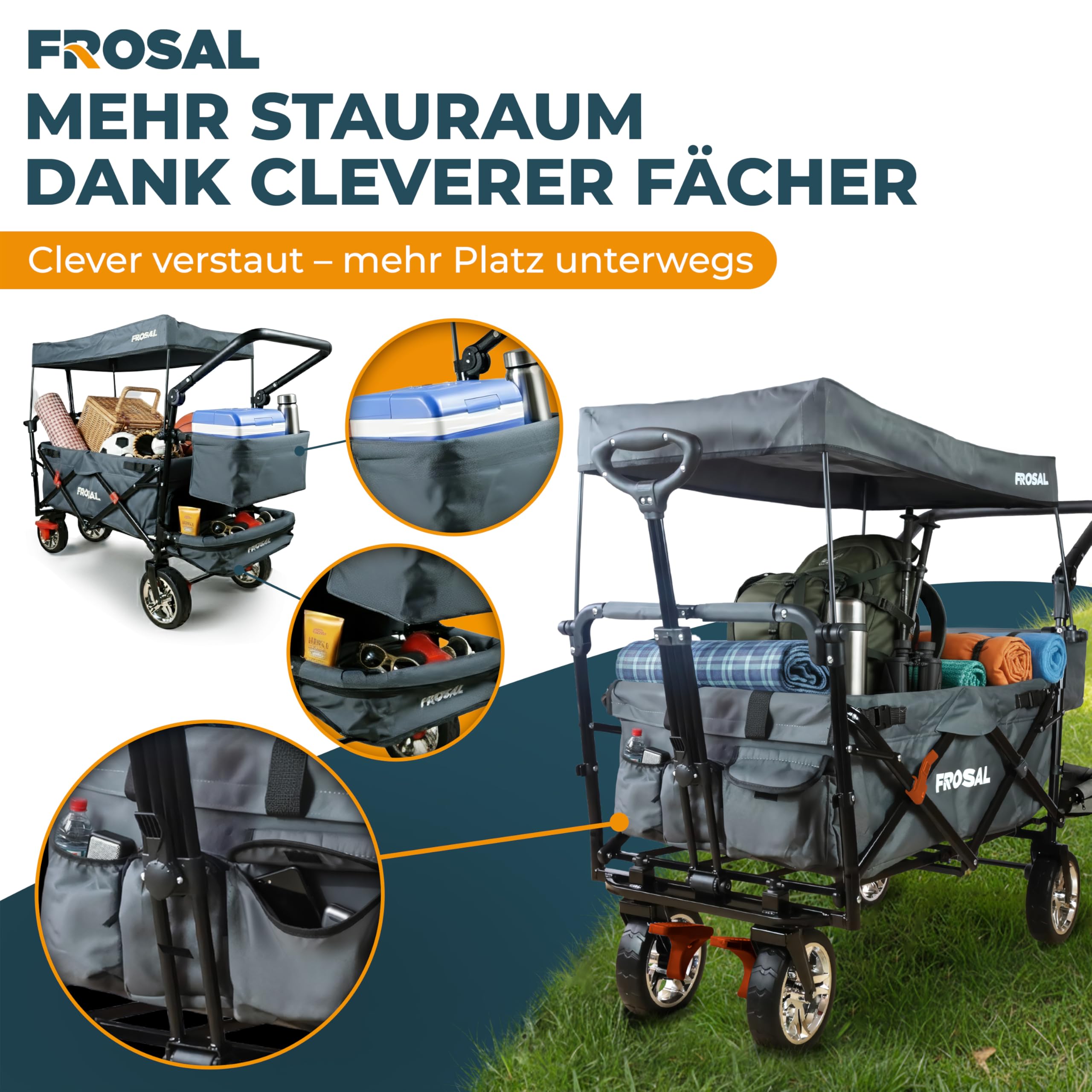 FROSAL Bollerwagen Leo grau – faltbar mit Sonnendach LSF 25 – pannensichere PU-Räder Ø ca. 20 cm – 80 kg Traglast – Vorderräder 360° drehbar – Bremsen vorne & hinten – Schiebegriff & Zugstange