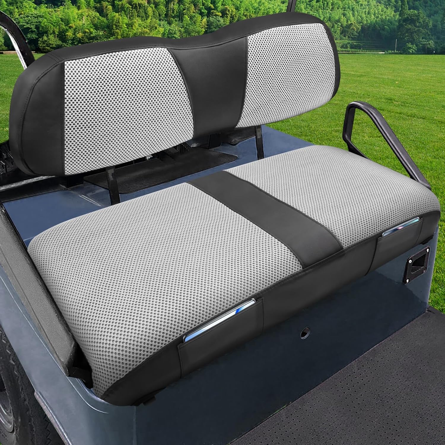 MOSNAI Club Car DS 2000.5-Up Seat Covers, Golf Cart Seat Covers for Club Car DS OEM Ordinary Seat, Breathable Polyester Mesh Cloth and Leather Combination Appearance, No Need Detaching Armrests