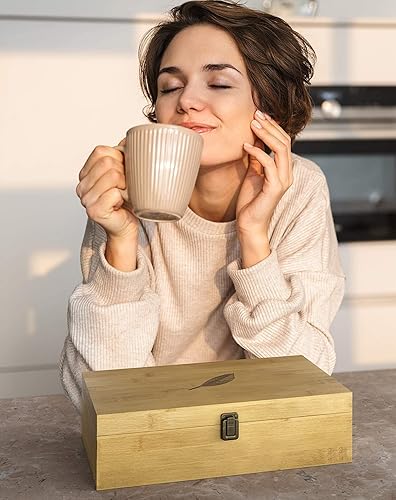 Miniatura 100 de Caja organizadora de té de bambú sin productos químicos, ecológica, grande, alta y ajustable, baúl de almacenamiento de madera natural