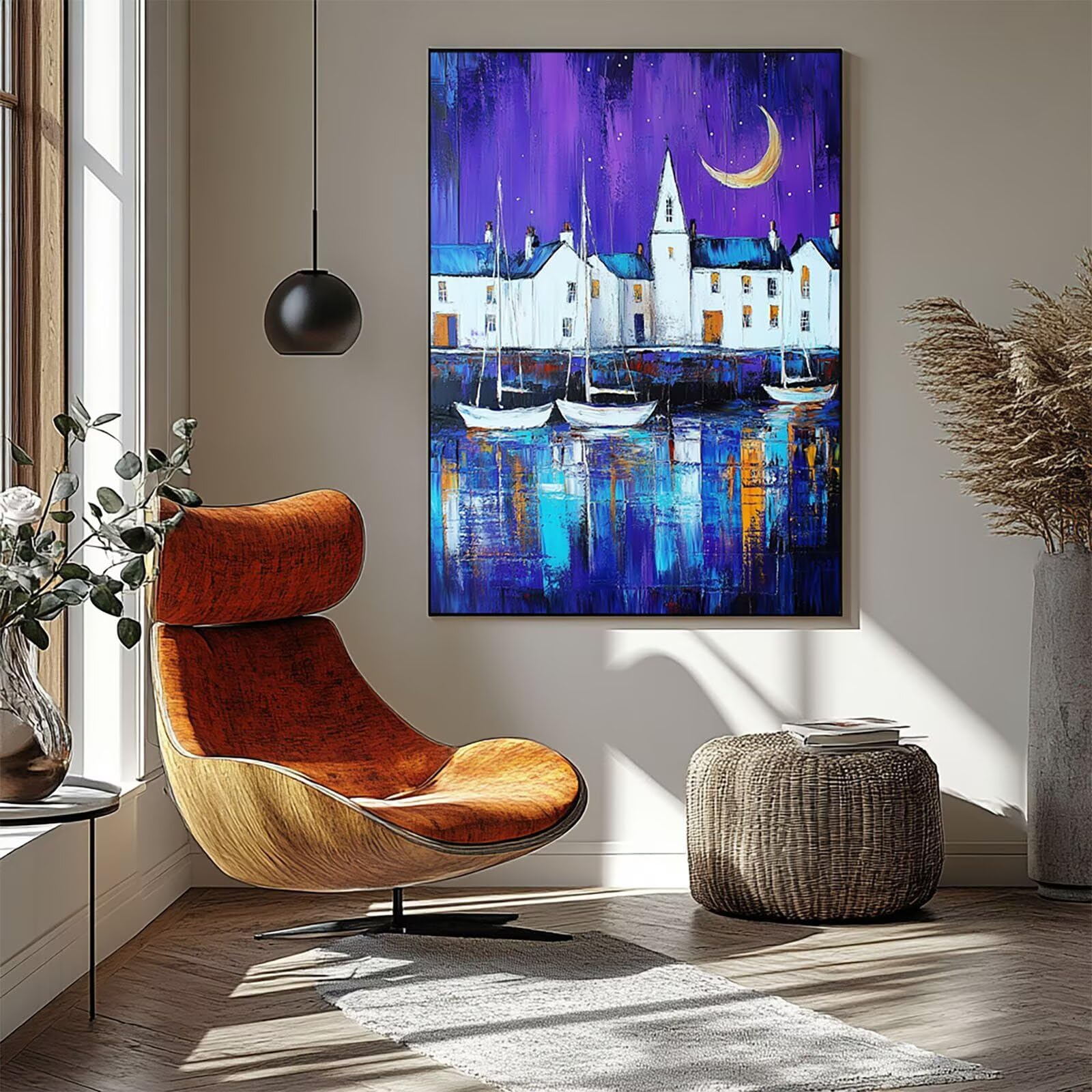 Malowanie numeru łodzi dla dorosłych kreatywne hobby dorośli z kolorem przejrzystość płótno malarstwo księżyc 110 x 80 cm akrylowa farba i pędzle, DIY malowanie dla dorosłych według numerów do