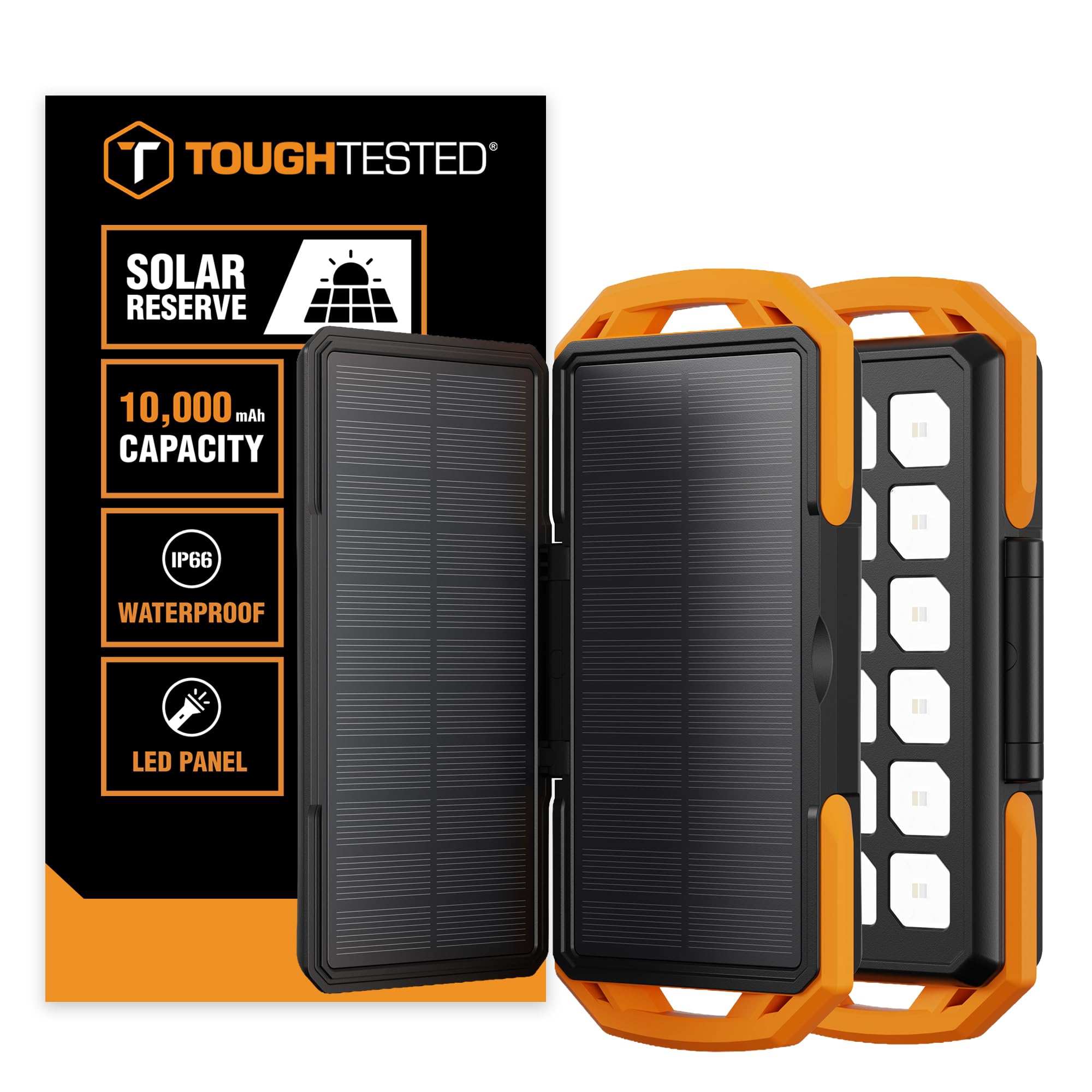 ToughTested Cargador portátil de energía solar dual de 10.000 mAh, batería externa IP65 impermeable y linterna LED de 18