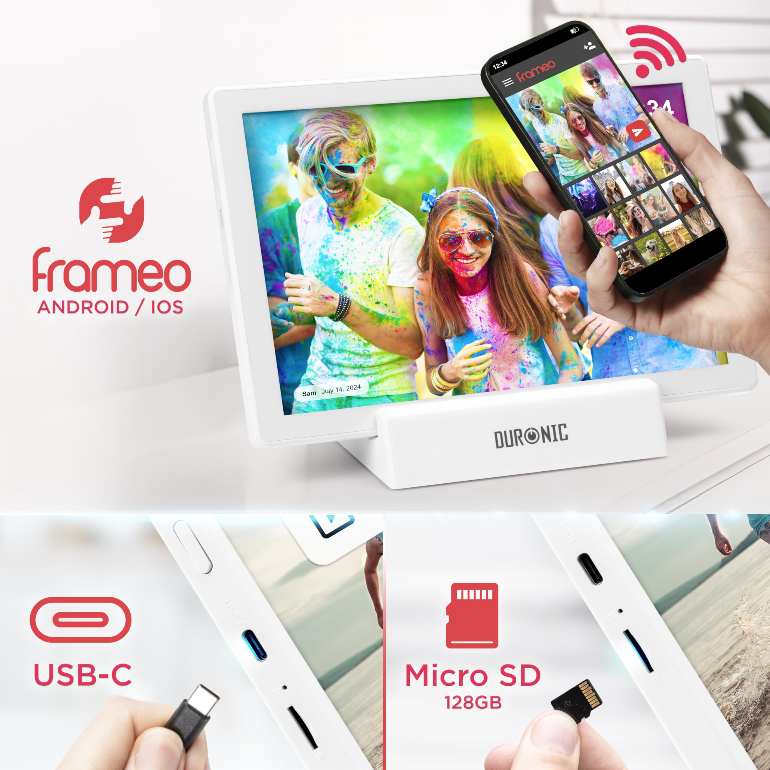Duronic Frameo PF1D We Marco de Fotos Digital Conectado Pantalla táctil de 10,1 Pulgadas Reproductor de Fotos y vídeos de Alta resolución 1280 x 800 píxeles Memoria 32 GB USB-C
