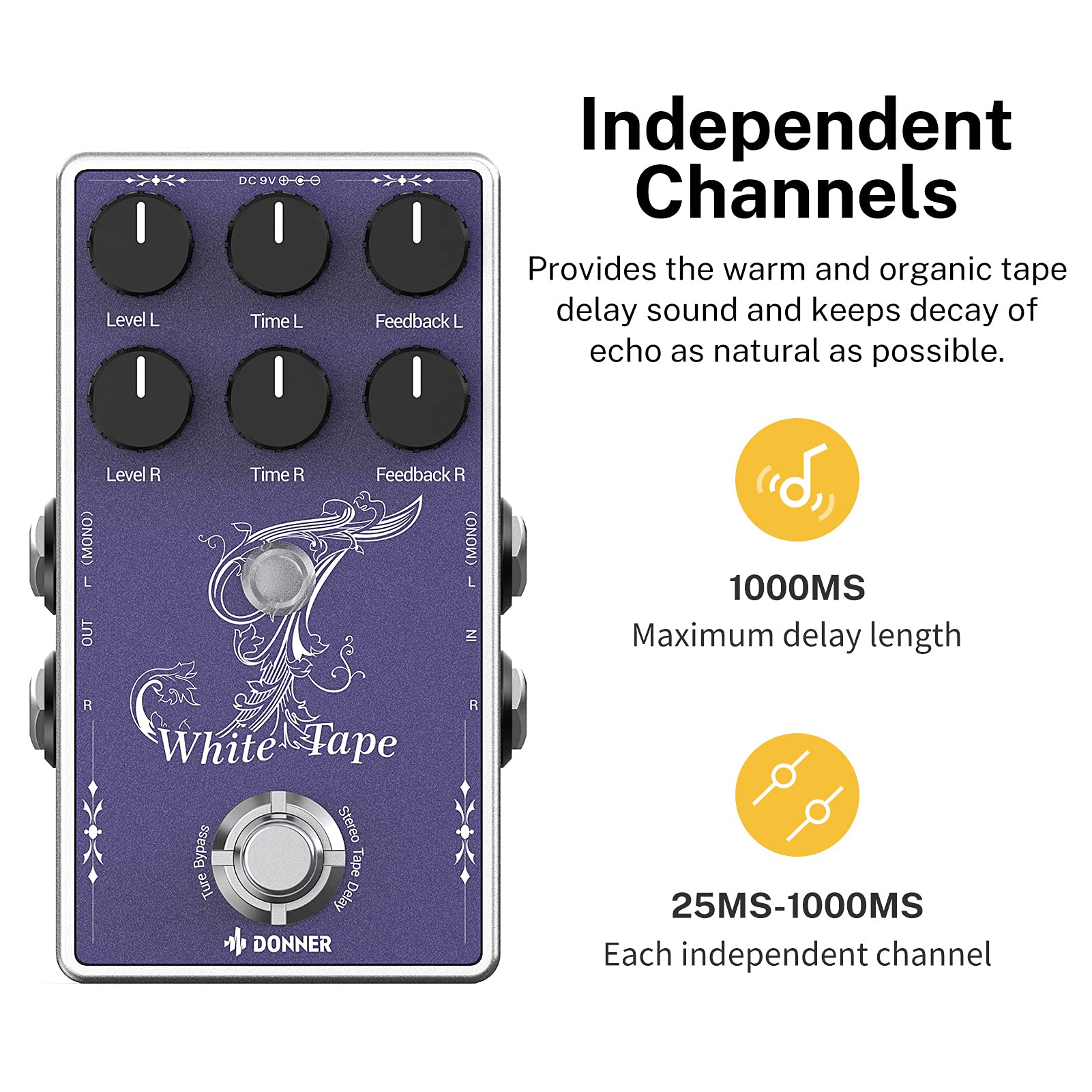 Donner Stereo Delay Pedal, Analoges Delay mit Echo Effekt, True Bypass, 2 Unabhängige Kanäle für E-Gitarre, Bass, Synthesizer, Drum Machine
