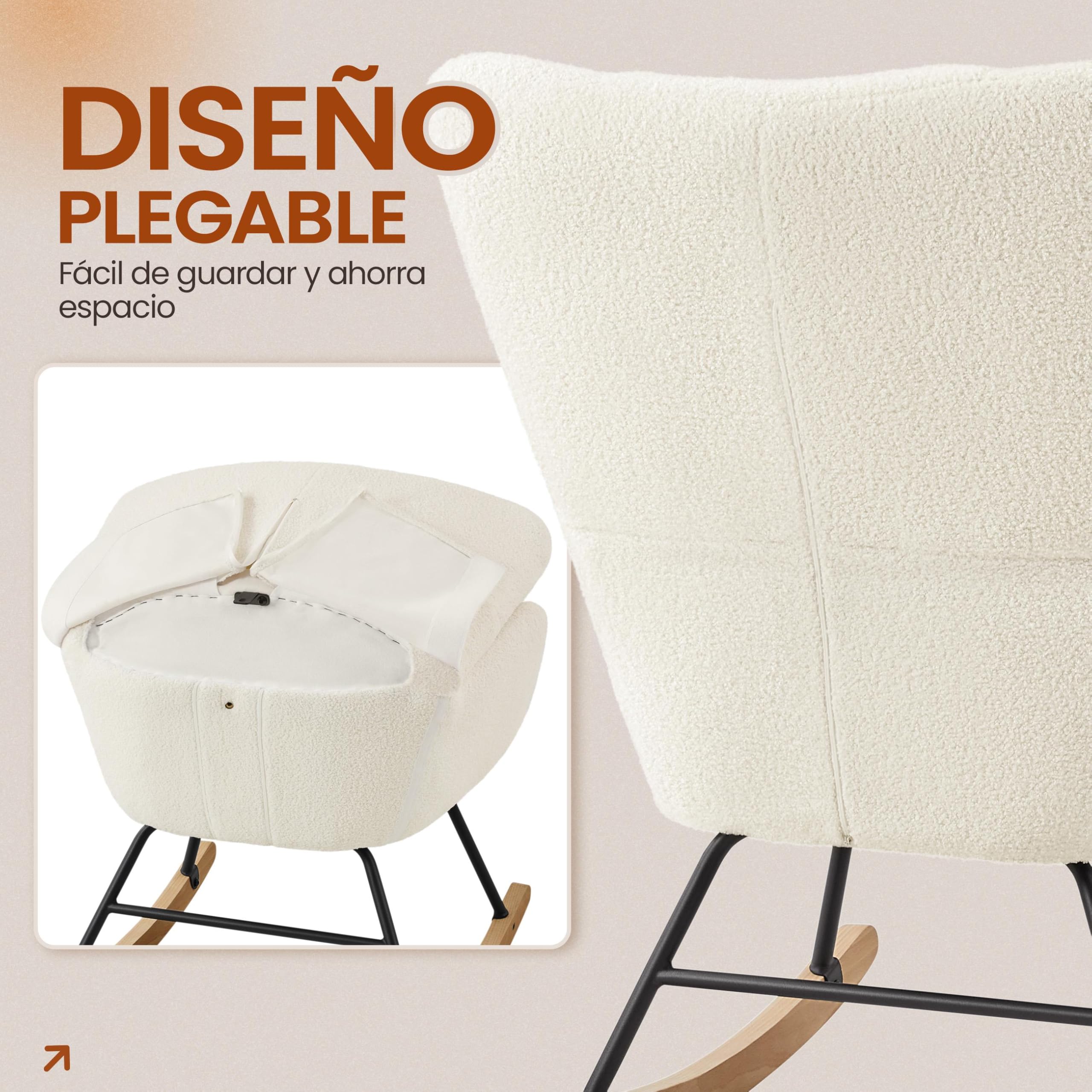 Yaheetech Silla Mecedora Relax Tapizada en Boucle Sillón Balancín con Estructura Metal y Madera de Haya Respaldo Alto Soporta 136 kg Ideal Salón Dormitorio Beige