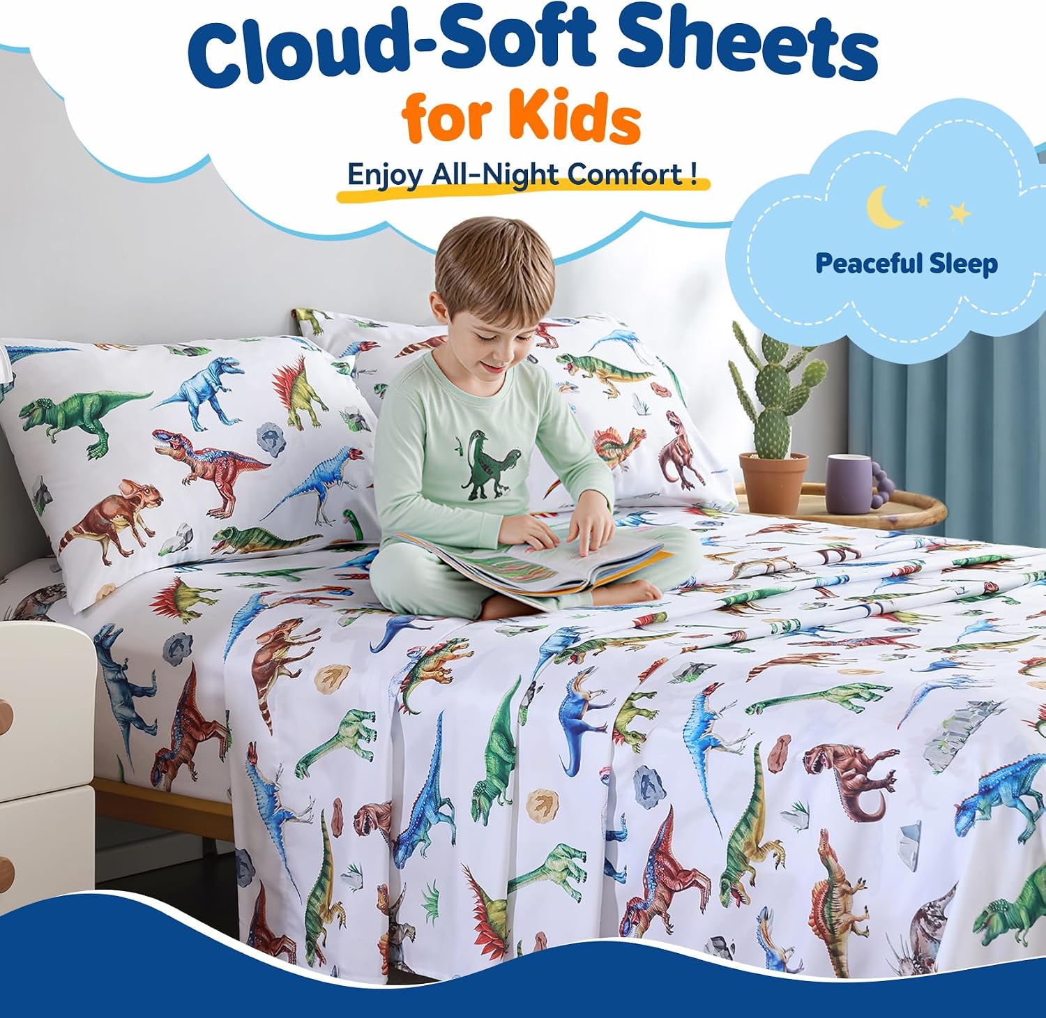 Kids Twin Size Sheet Set for Boys Dinosaur Sheets 3 Pieces Bedding Inclued 1 Fitted Sheet 16" Deep Pocket, 1 Flat Sheet and 1 Pillowcase Soft Breathable Microfiber Bedsheet Decor Bedroom