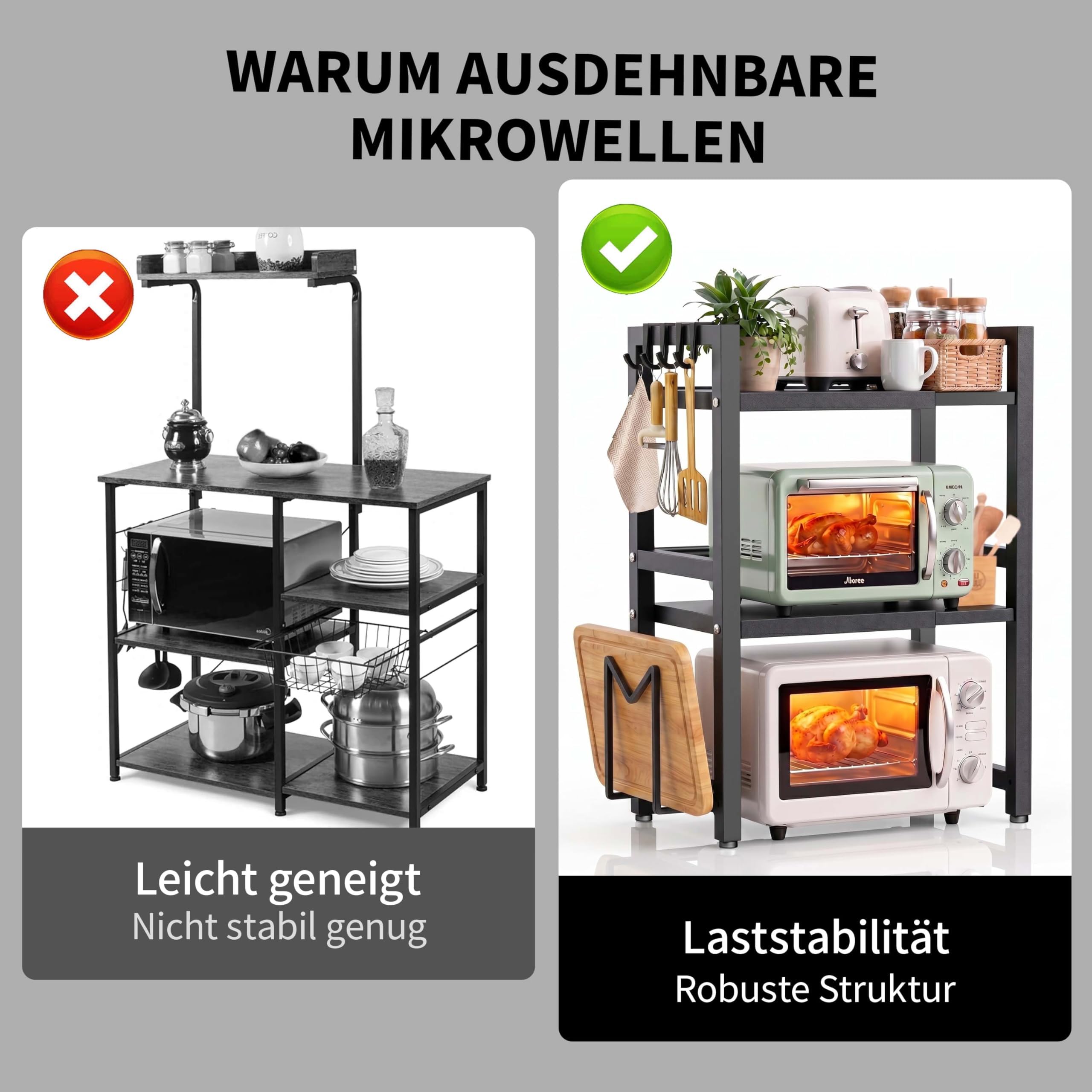 Erweiterbares Mikrowellen Regal 3 Stufig, Bäckerregale mit Haken, Kitchen Organizer Shelf für Küchenaufbewahrung, 3-stufiges Gewürzregal, Küchenregal Stehend für Backofen (Schwarz VP3, 3-Stufig)