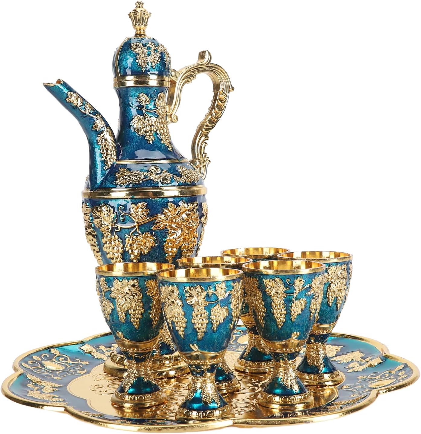 Retro Coffee Pot Tray Set Rustproof Vintage Luxury Serving Set for Daily Use Zinc Alloy (Gold Blue)
