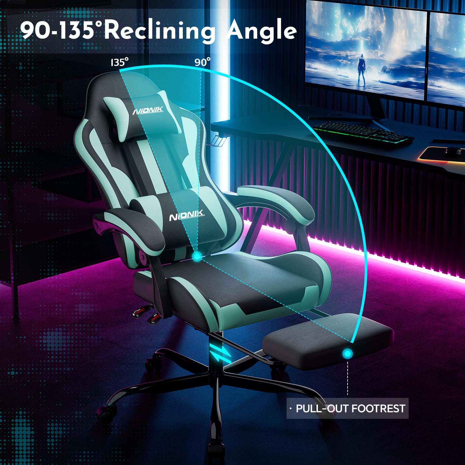 Bürostuhl Gaming Stuhl, Gamer Stuhls Computerstuhl mit Fußstütze, Gepolstert Gaming Chair,Gaming Sessel für Erwachsene, Drehsessel Schwarzes Minzgrün