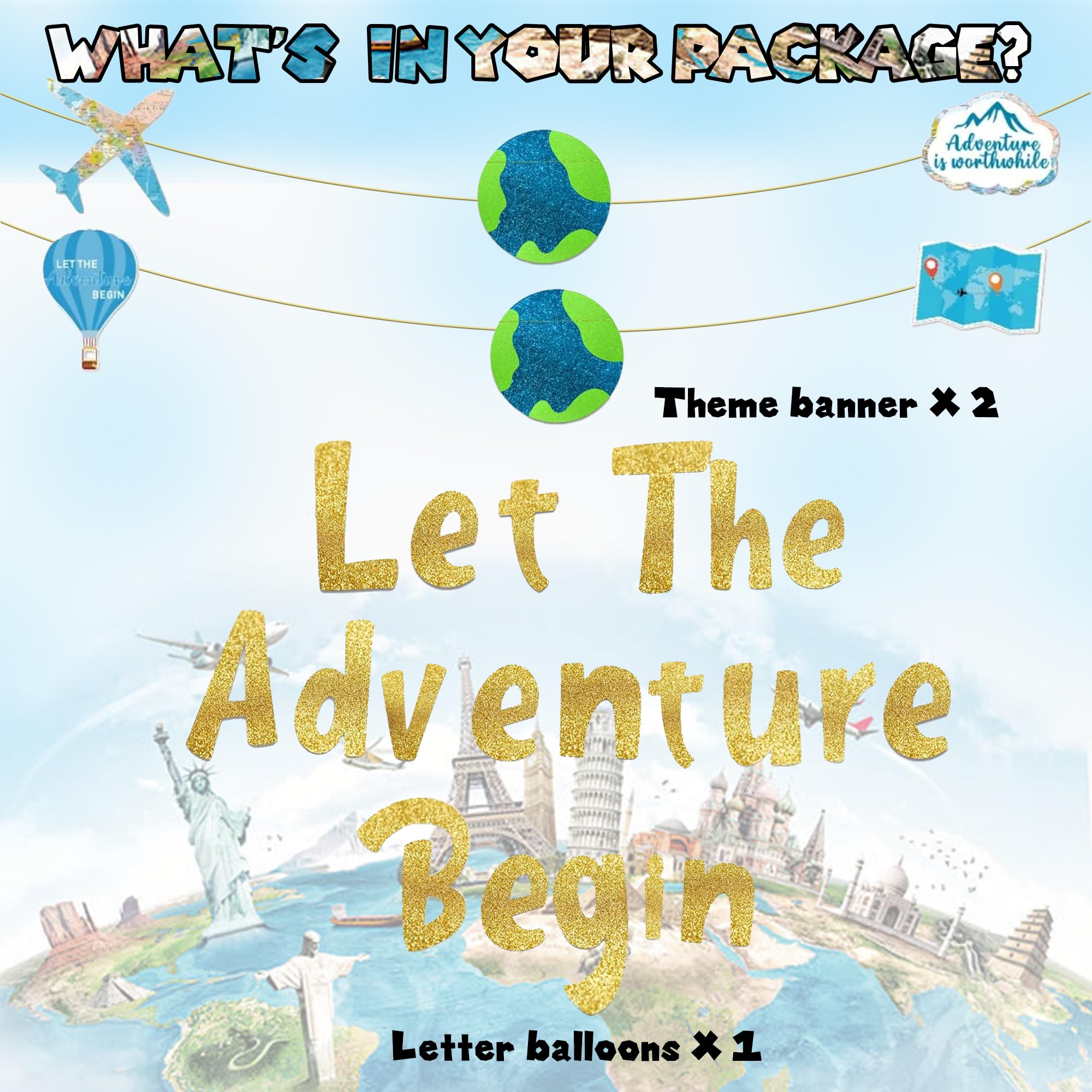 Let The Adventure Begin Gold Glitter Banner Graduation Banners Newborn BannersTravel Banner Funny Farewell Party Decorations Travel Theme Party Decoration for Men Women Boys Girls - Image 2