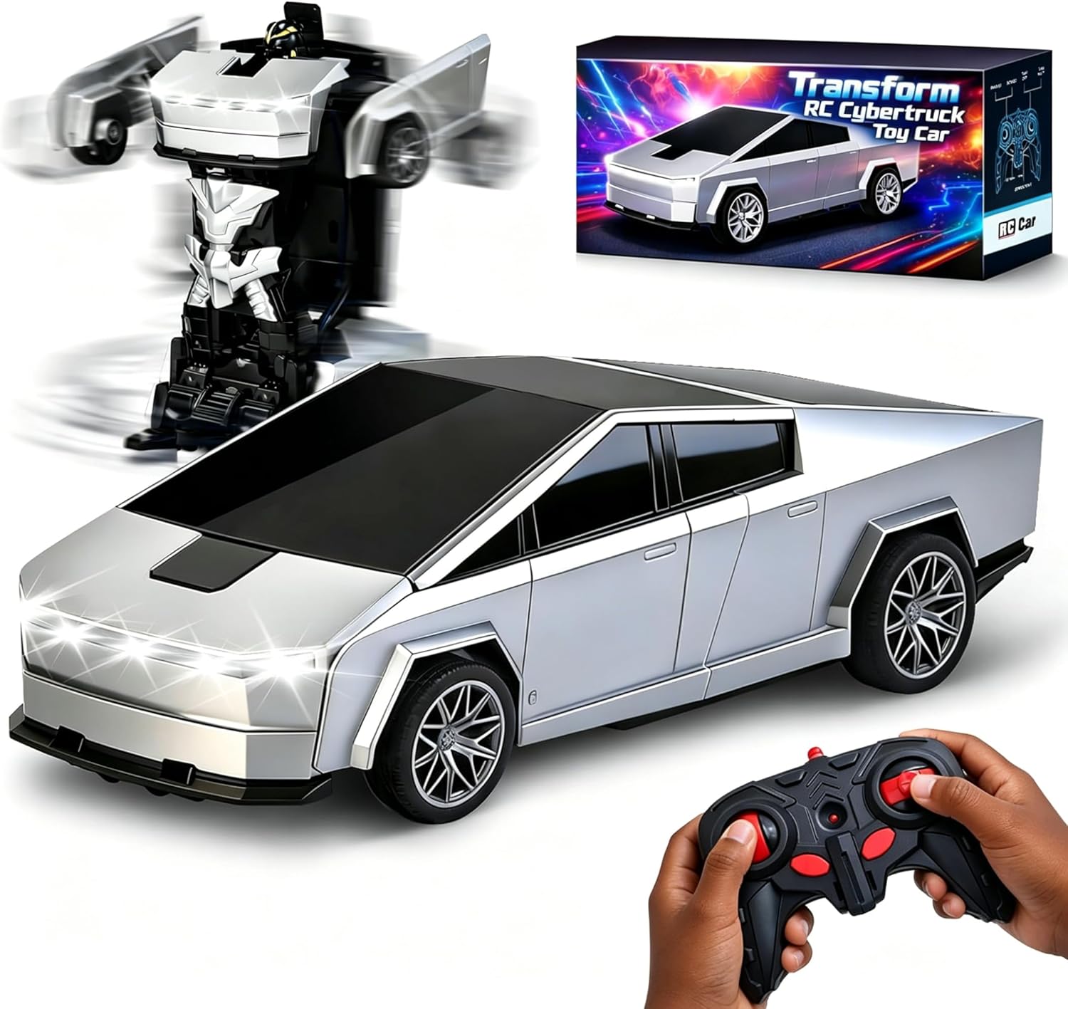 Transform RC Cybertruck Toy Car, 2.4GHz 2 in 1 Transform Toys for Boys 4-6 6-8, Remote Control Car for Kids, 360° Rotating RC Cars for Boys Age 8-12, Cyber Truck Transform with Lights and 2 Batteries