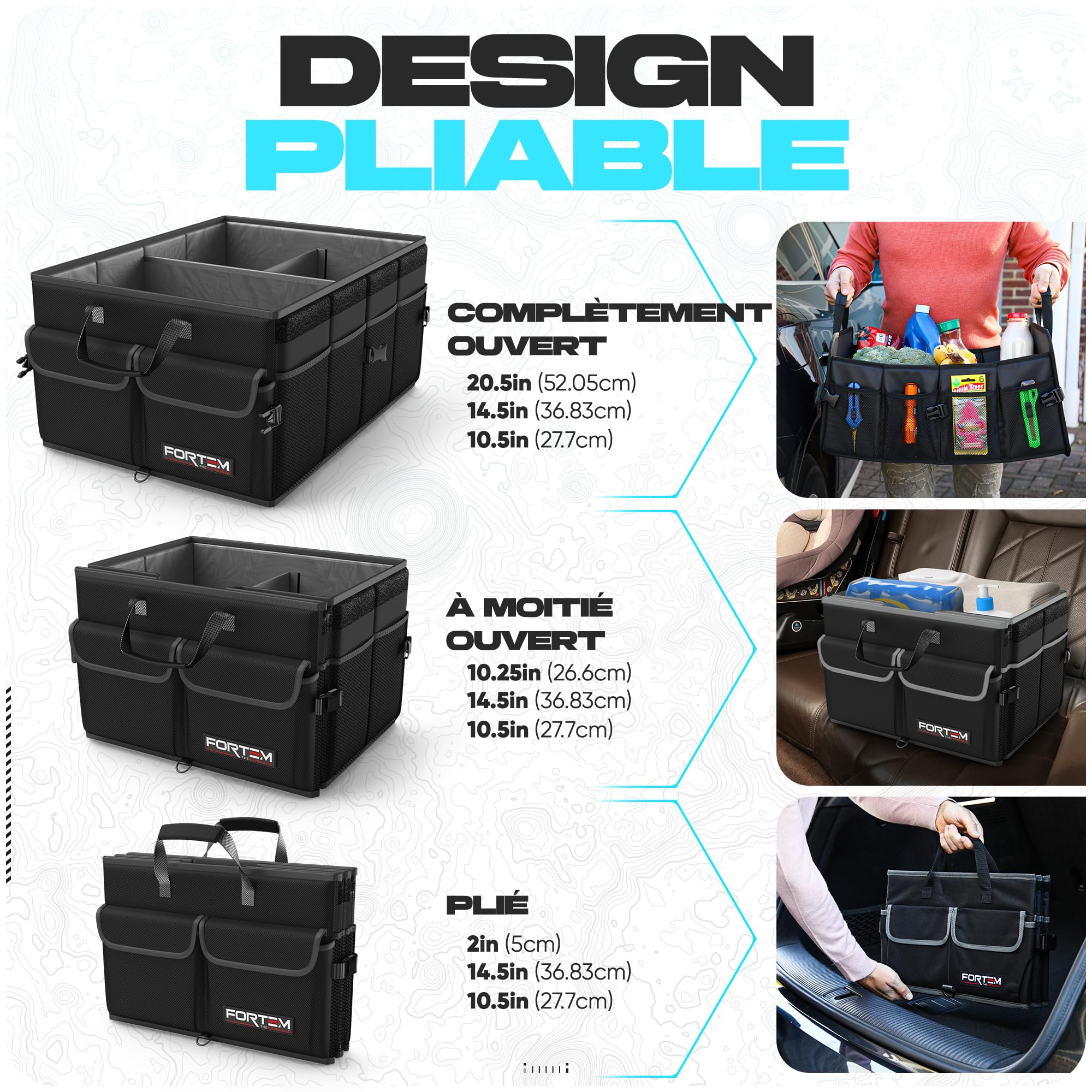 FORTEM Organiseur de coffre de voiture, pliable, plusieurs compartiments, rangement pliable pour accessoires de voiture, fond antidérapant, sangles de sécurité, couvercle souple, 50 L (Noir, Standard)