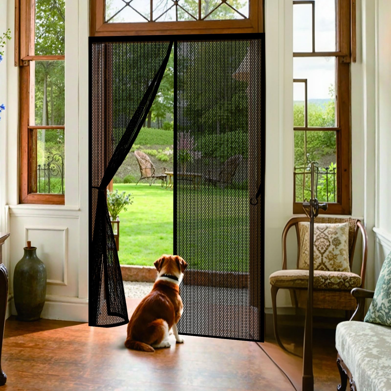 Magnetic Screen Door 113 x 200 cm, Automatically Closes, Keep Insects, with Strong Magnets and Magic Band, Without Drilling, Screen Doors with Magnets Pet & Kid Friendly, Black
