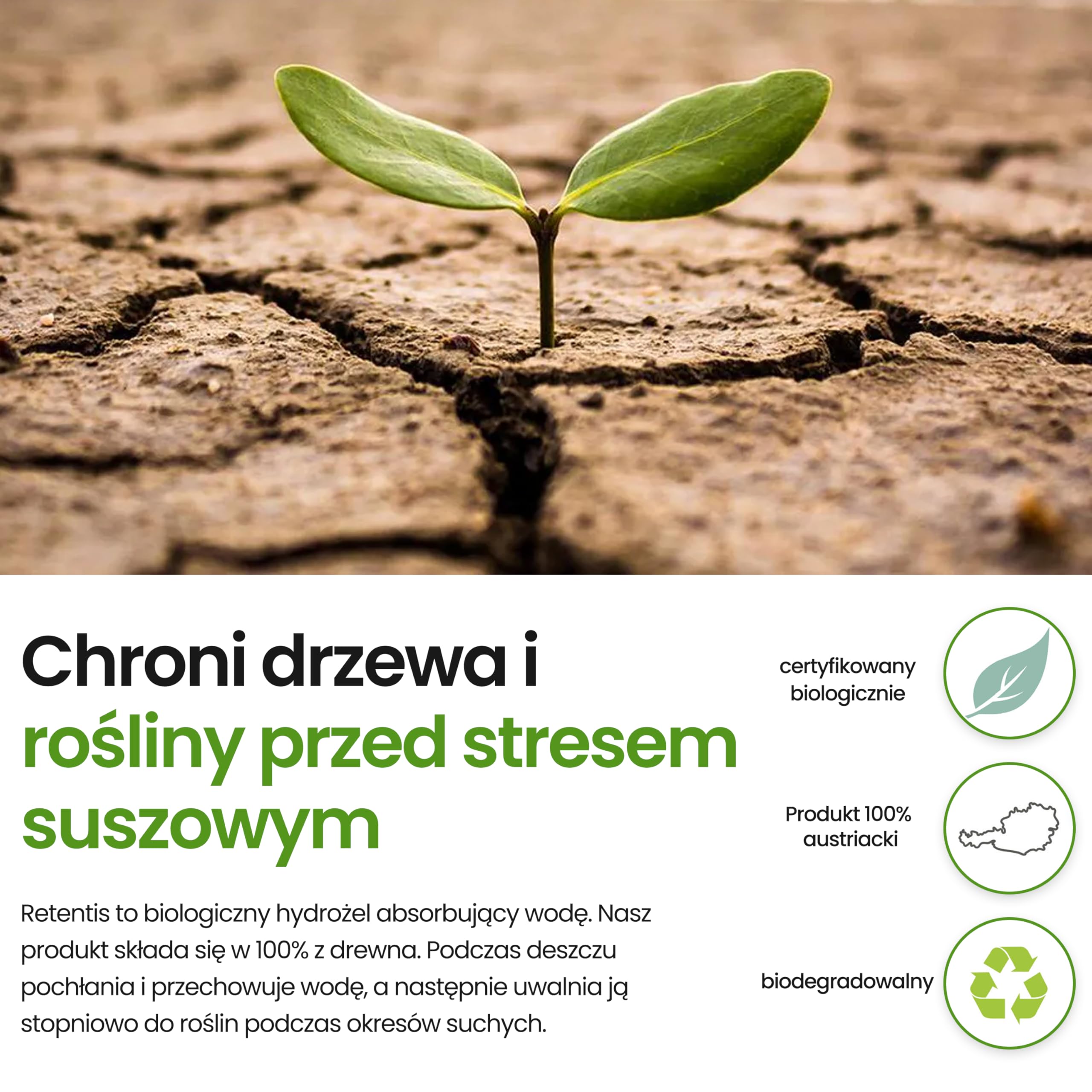 Długotrwałe magazynowanie wody I granulat do roślin I redukuje stres związany z suszą I 750 gramów na 40 litrów ziemi I certyfikowany bio-hydrożel z drewna