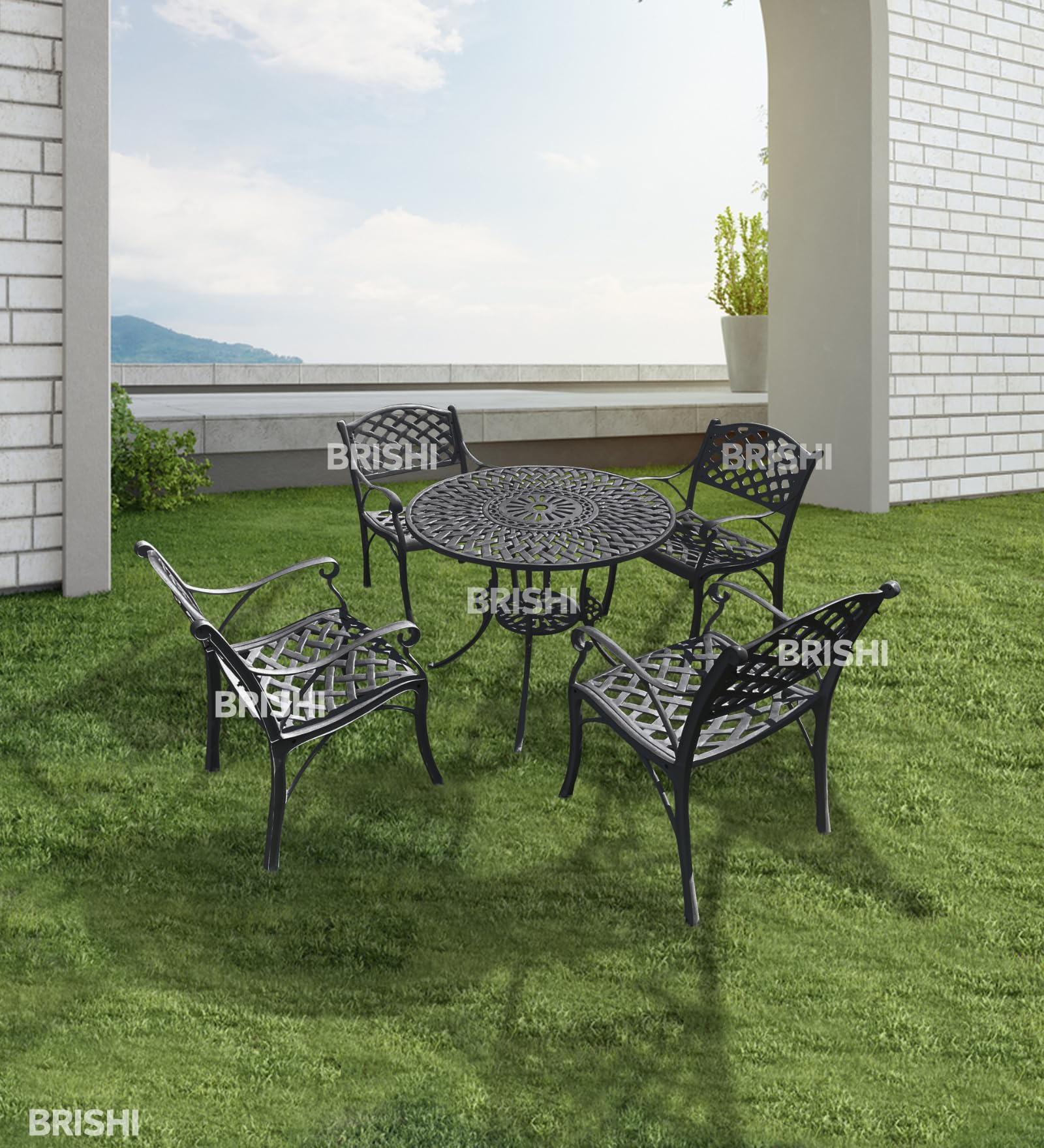 BRISHI Cast Aluminium Garden Patio Seating Chair and Table Set for Balcony Outdoor Furniture with 1 Table and 4 Chairs Set (Black)