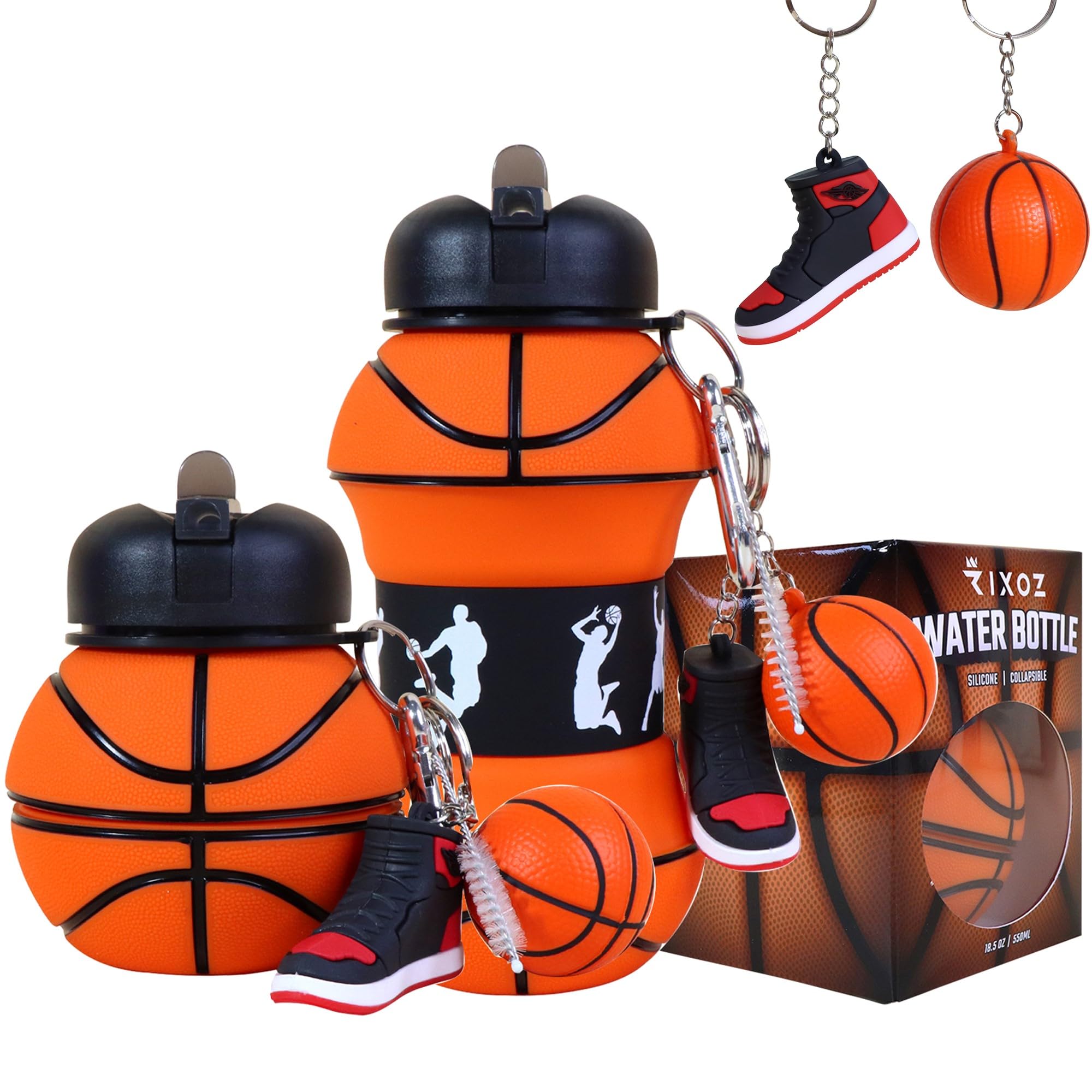 Rixoz Boys Black Basketball Basketball Collapsible Water Bottle - 550Ml Silicone Bottle With Basketball & Sneaker Keyring