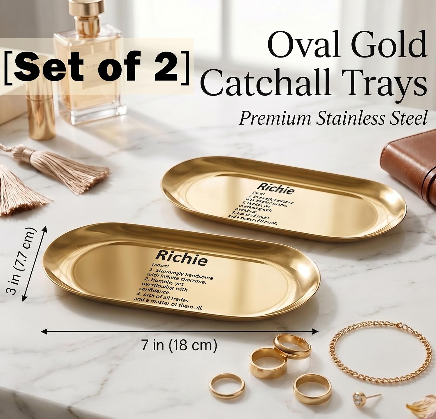 Pawpy Mate Richie Catchall Tray Stainless Steel Oval Gold 7x3 Inch Vanity and Decorative Tray Modern Polished for Home Organization, Set of 2 image 2