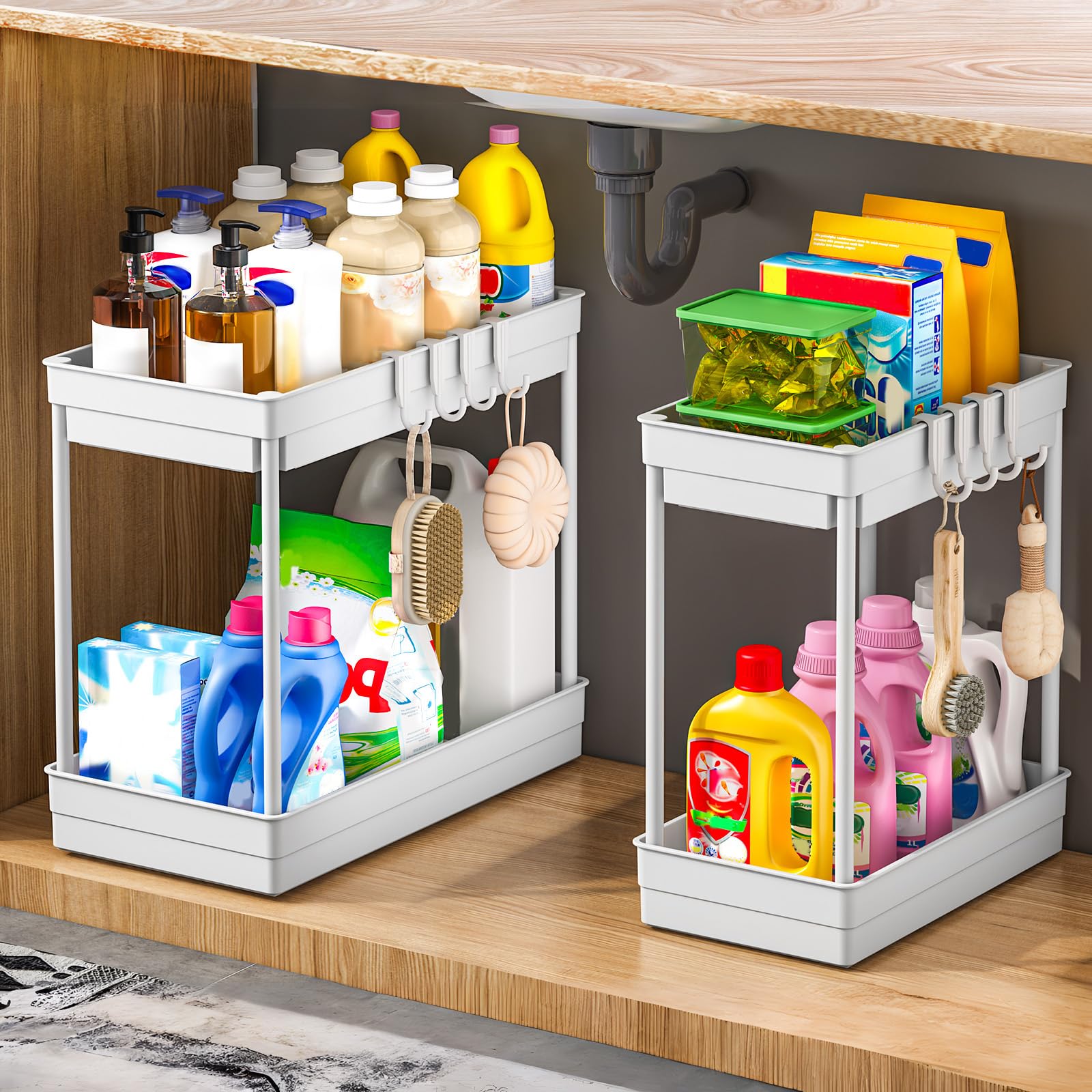 SXDMOUBK 2 Pack Under Sink Storage - Tier Kitchen and Organisation Cupboard Organiser, Shelf, Cabinet Organizer with Hooks, for Bathroom Countertop, 1L+1M, White