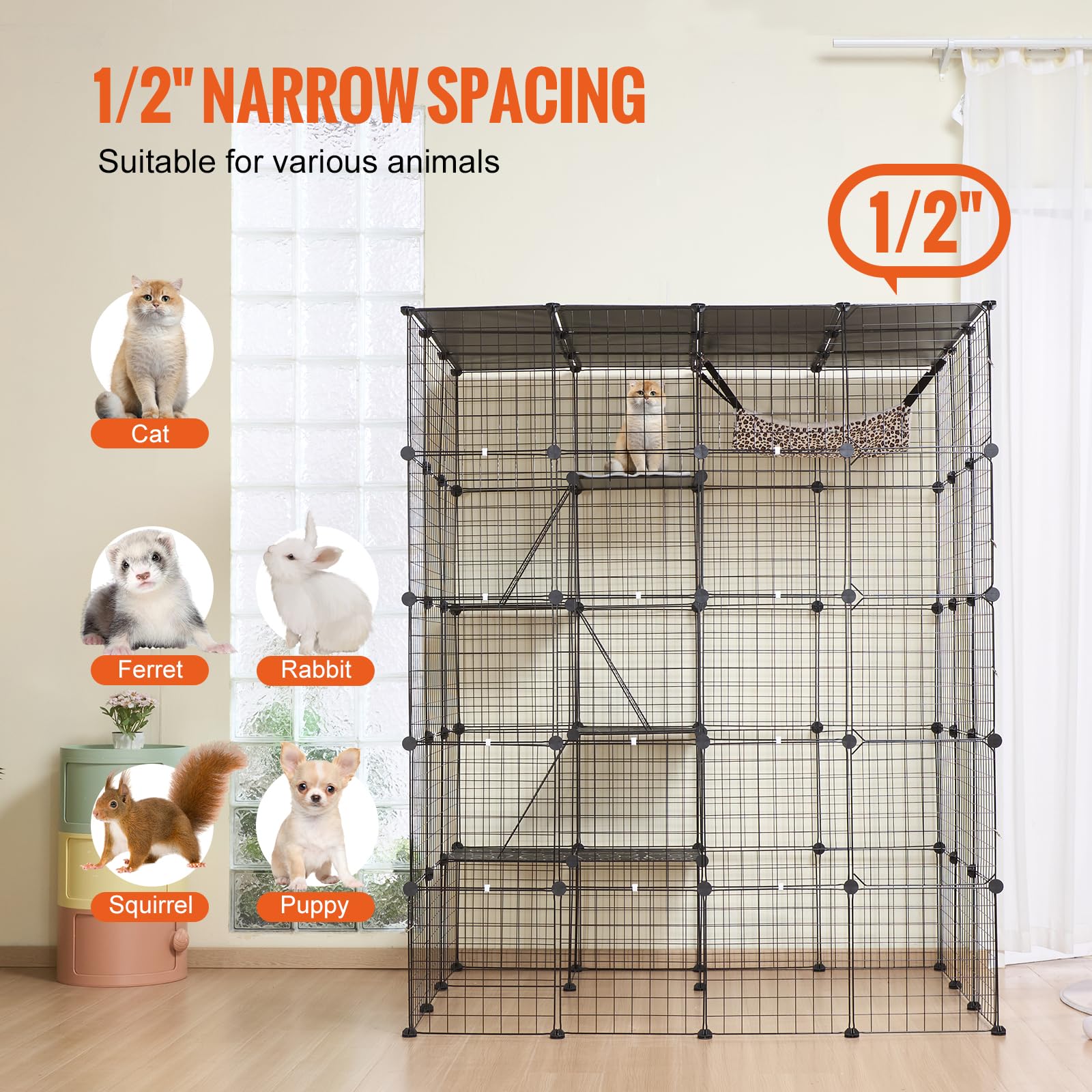 VEVOR Cage Chat 4 Niveaux, Enclos Chats Fil Métallique Modulable Amovible, 5 Portes, Échelles, Hamac, 1371x1041x1754 mm
