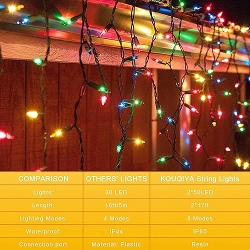 Miniatura 5 de KOUQIYA Luces de Navidad a pilas, 2 juegos de 50 luces LED de 17 pies con temporizador automático, 8 modos, luces impermeables para árbol