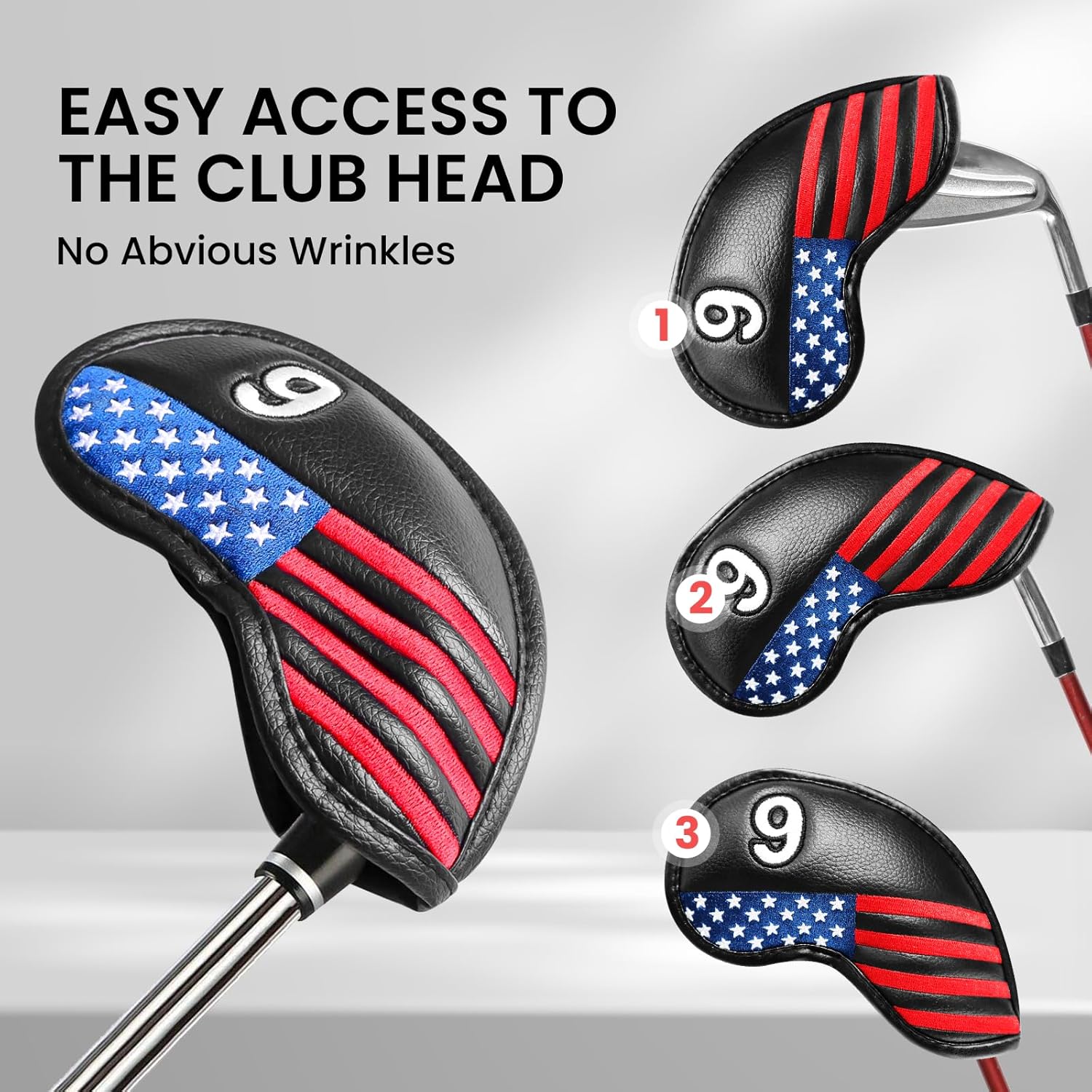 Amy Sport Golf Iron Head Covers Strong Magnetic Closure Value 9 Pack, Premium Synthetic Leather Deluxe Headcovers USA Flag Design, Universal Head Cover Fit Main Irons Clubs
