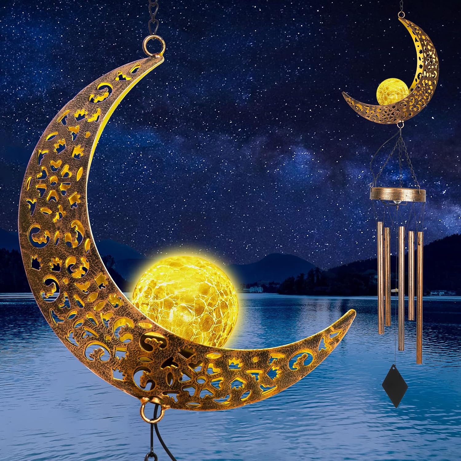 Gusgopo Solar Moon Wind Chimes for Outside, 41” Deep Tone WindChimes Hanging Outdoor Garden Decor Memorial Wind Chime Unique Women Gifts for Mom Grandma Her