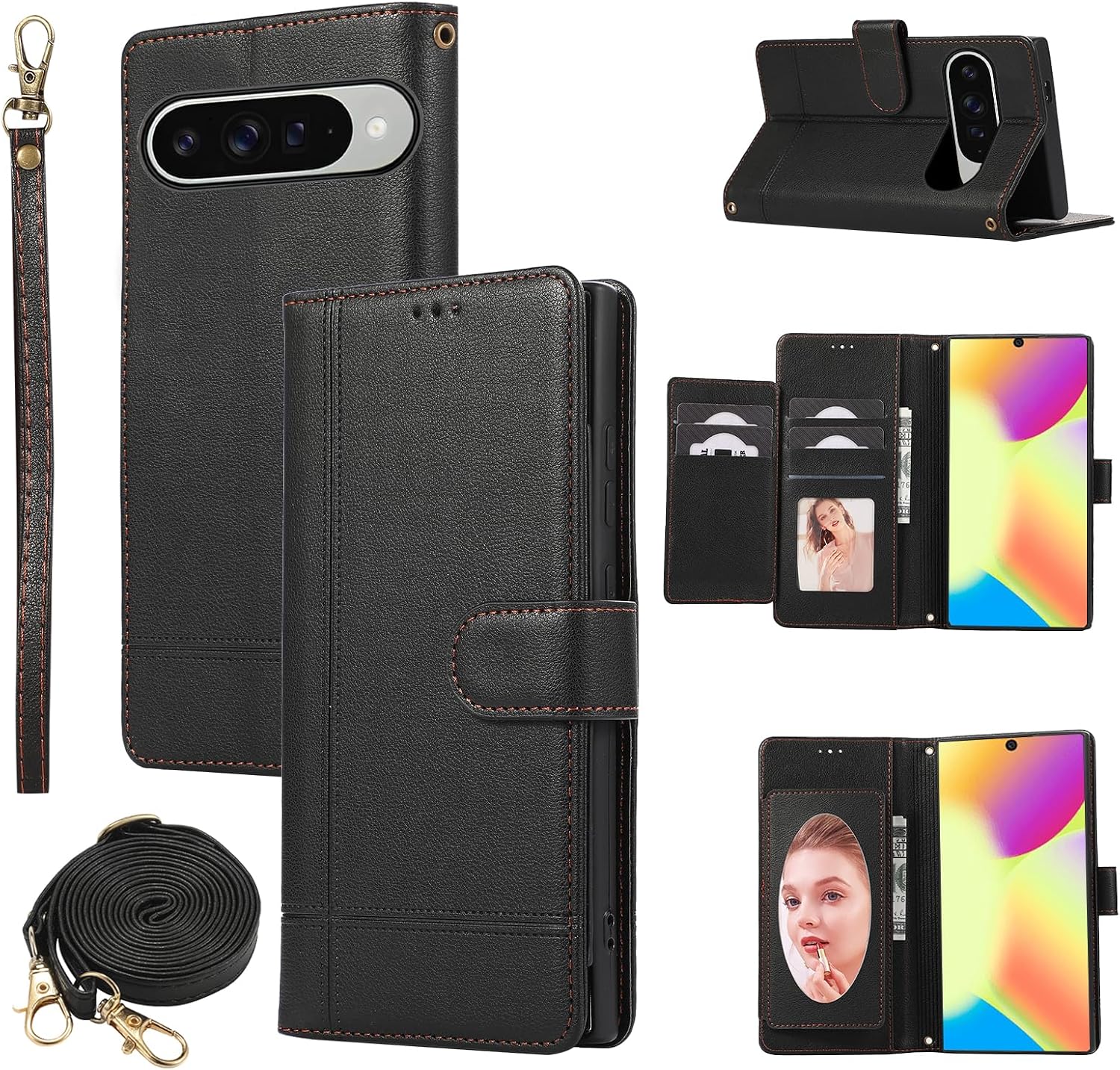 Compatible with Google Pixel 9/9 Pro/10/10 Pro 5G Wallet Case Wrist Strap Crossbody Strap, Mirror PU Leather Flip Cell Phone Cover for Pixel9 9Pro/Pixel10 10Pro Nine Ten Women Men Black