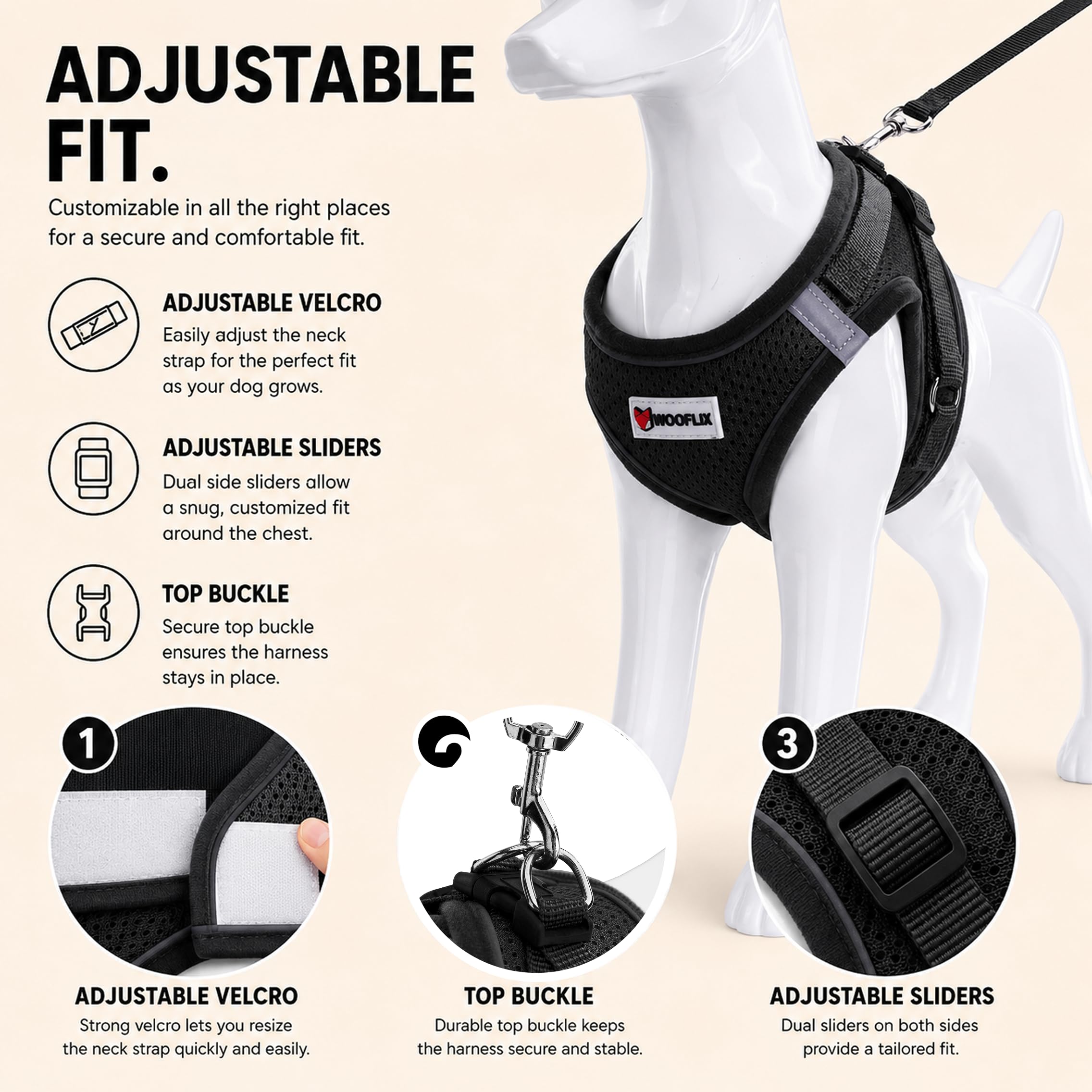 WOOFLIX Dog Harness for Small Dogs, Puppies and Cats | Suitable for Small Size Dogs, Cats & Puppies of 7 kg - 10 kg | Reflective Soft Padded Dog Harness with Secure Fit | Black (7 kg-10 kg Dog & Cat) 2