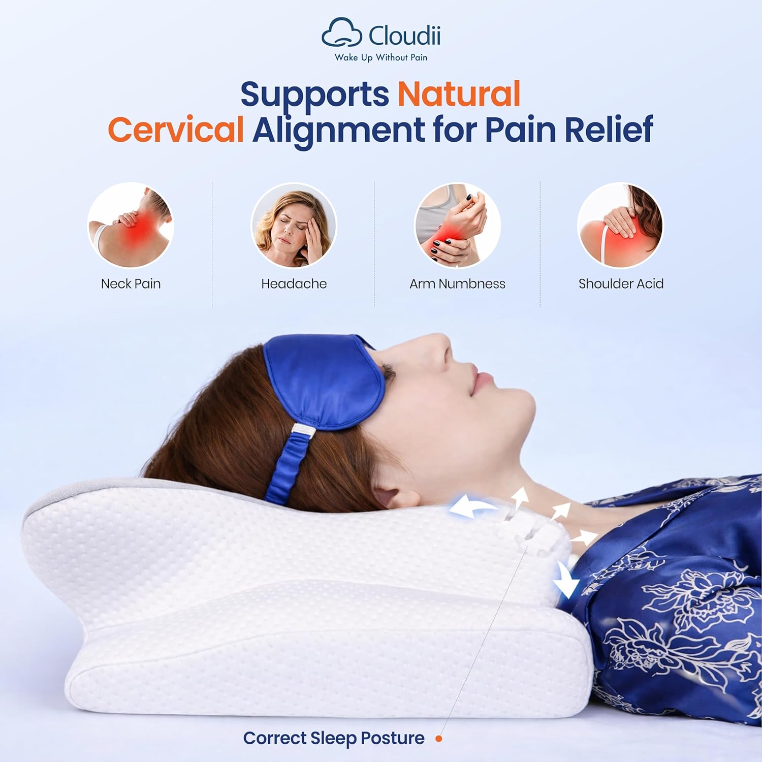 Cervical Pillow for Neck Pain Relief, Ergonomic Neck Support Pillow, Orthopedic Neck Pain Relief Pillow with Eye Mask, Contour Pillow for Back & Side Sleepers