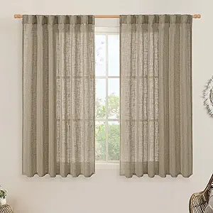 LAMIT Taupe Linen Curtains 54 Inch Length 2 Panels, Light Filtering Panels Back Tab and Rod Pocket Country Decor Drapes for Bathroom/Window/Bedroom, 52 x 54 Inch