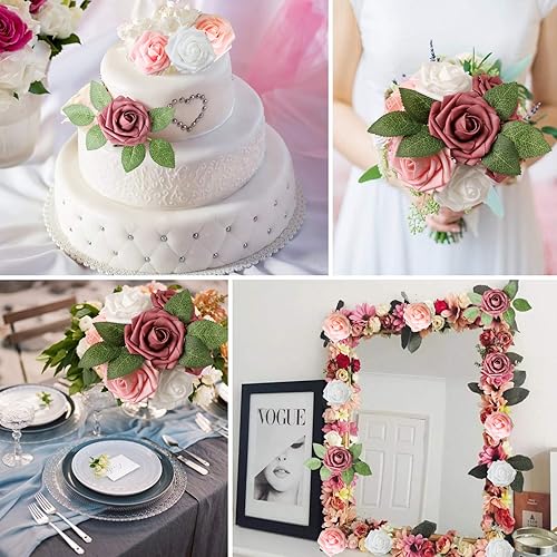 Miniatura 5 de AmyHomie Flores artificiales rosas rojas, 25 rosas falsas de aspecto real con tallo para ramos de boda, centros de mesa, arreglos de fiesta, baby