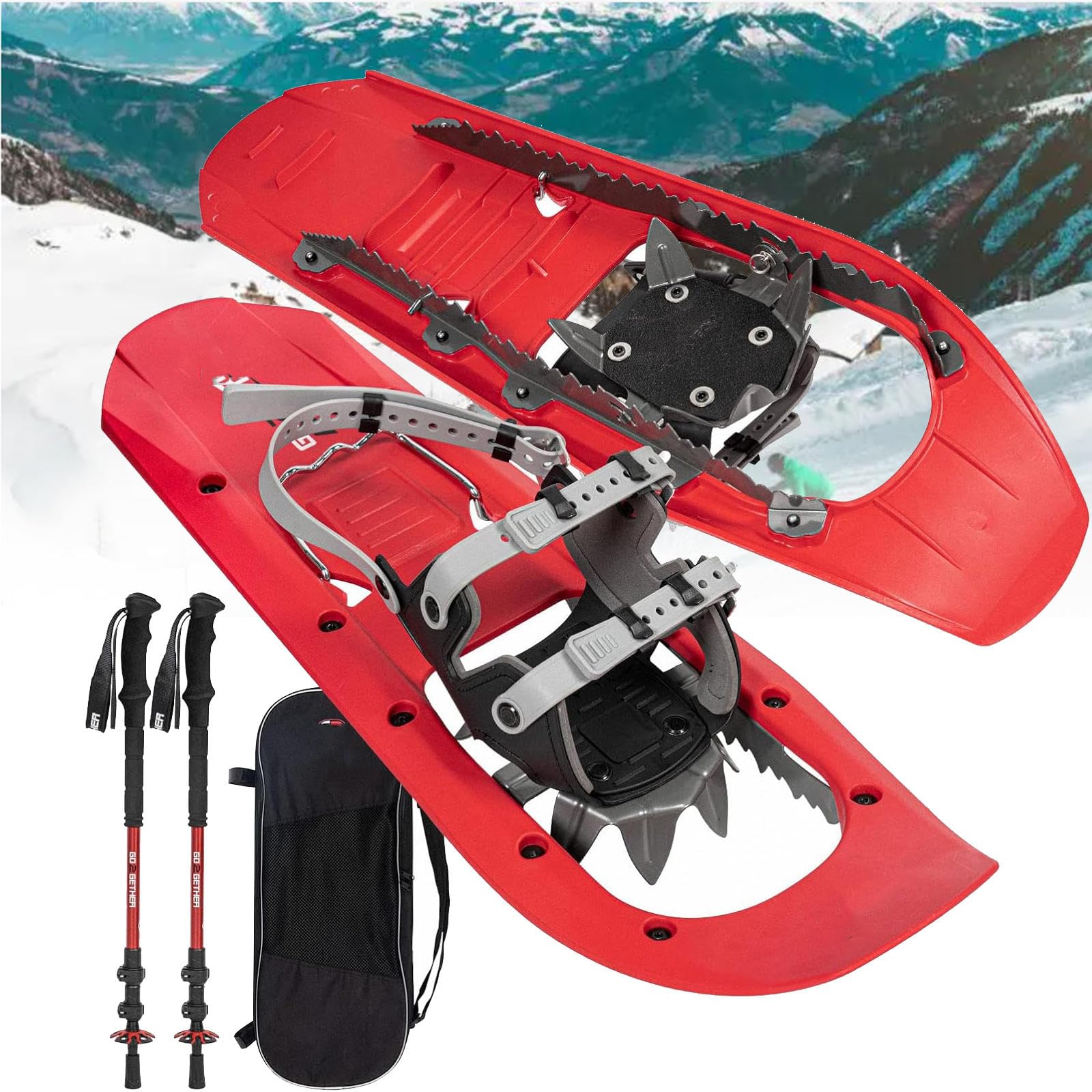 Set Racchette da Neve per Terreni Leggeri, Racchette da Neve Regolabili Antiscivolo, Scarpe da Trekking sulla Neve per Esterni, Barra Girevole Flessibile per Donne Uomini Giovani,30inch