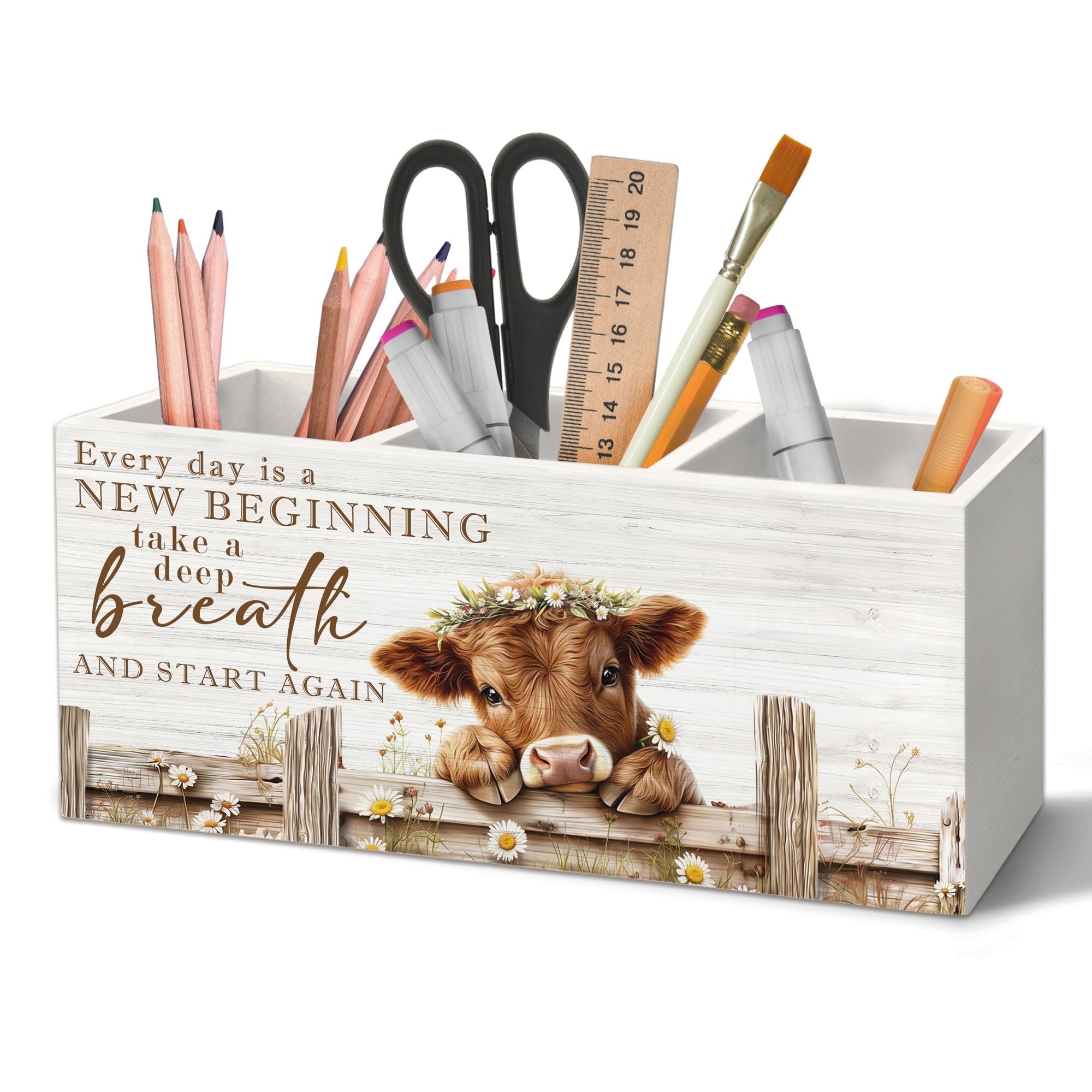 Motivierender Stiftehalter aus Hochlandkuh, Organizer für Schreibtischzubehör, Hochlandkuh, Geschenke für Frauen, Bauernhaus, Gänseblümchen, Blumenfärse, Holzbox, Schild