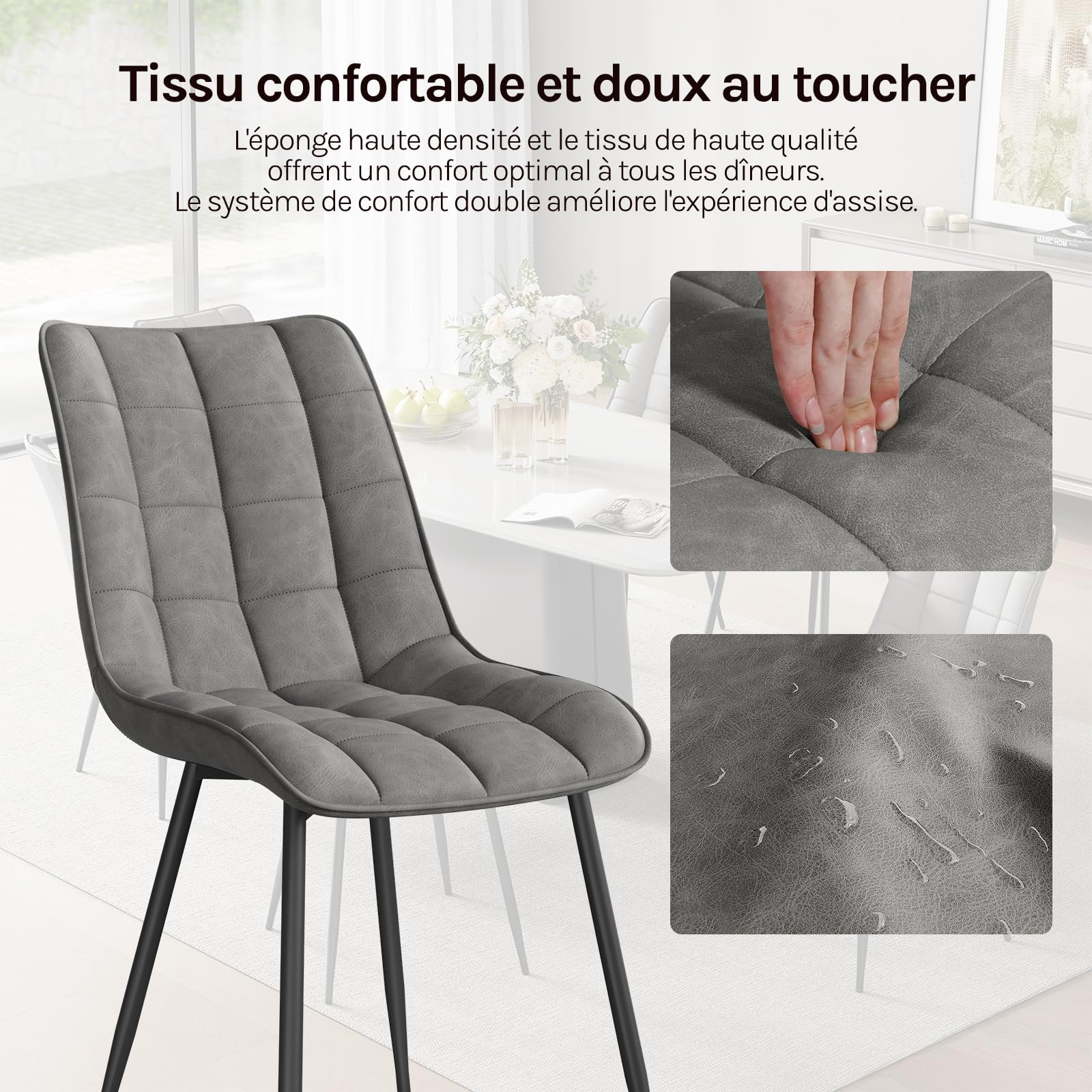 WOLTU 4 X Chaise de Salle à Manger Chaise de Cuisine Assise rembourrée en Similicuir épais Pieds en métal,Gris BH207gr-4