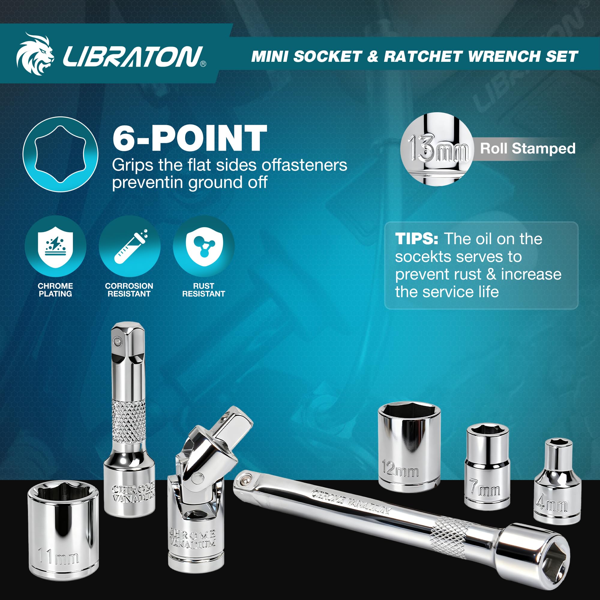 LIBRATON Ensemble de cliquet et de douilles mini 37 pièces avec entraînement de 10,2 mm, embouts de 4–13 mm, manche magnétique, barres d’extension et joint universel, avec étui de rangement pour