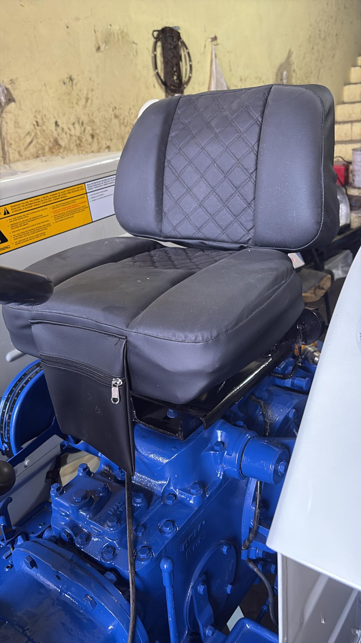 Universal Tractor Seat, Black Quilted Leather, Adjustable Suspension Chair with High Back Support for Agricultural Equipment