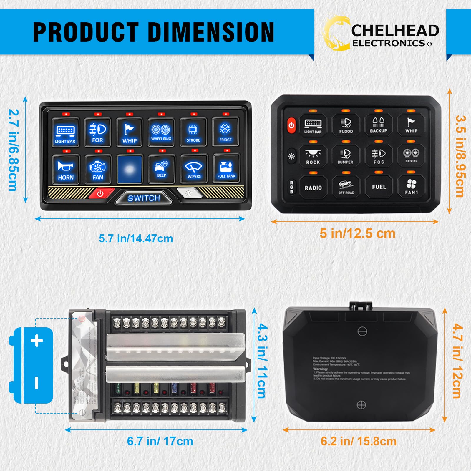 Chelhead 12 Gang 12V-24V Schalter Panel RGB mit Einstellbare Helligkeit 80A | 12-fach Schalterpanel Touch-Steuerung mit RGB Farben und Relais-System. Einfache Kontrolle für Autos, LKW, Boote, UTV, SUVs