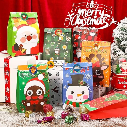 Miniatura 5 de FEBSNOW Paquete de 40 bolsas de regalos de Navidad con calcomanías, dulces, galletas y papel de manualidades para recuerdos de fiesta de Navidad