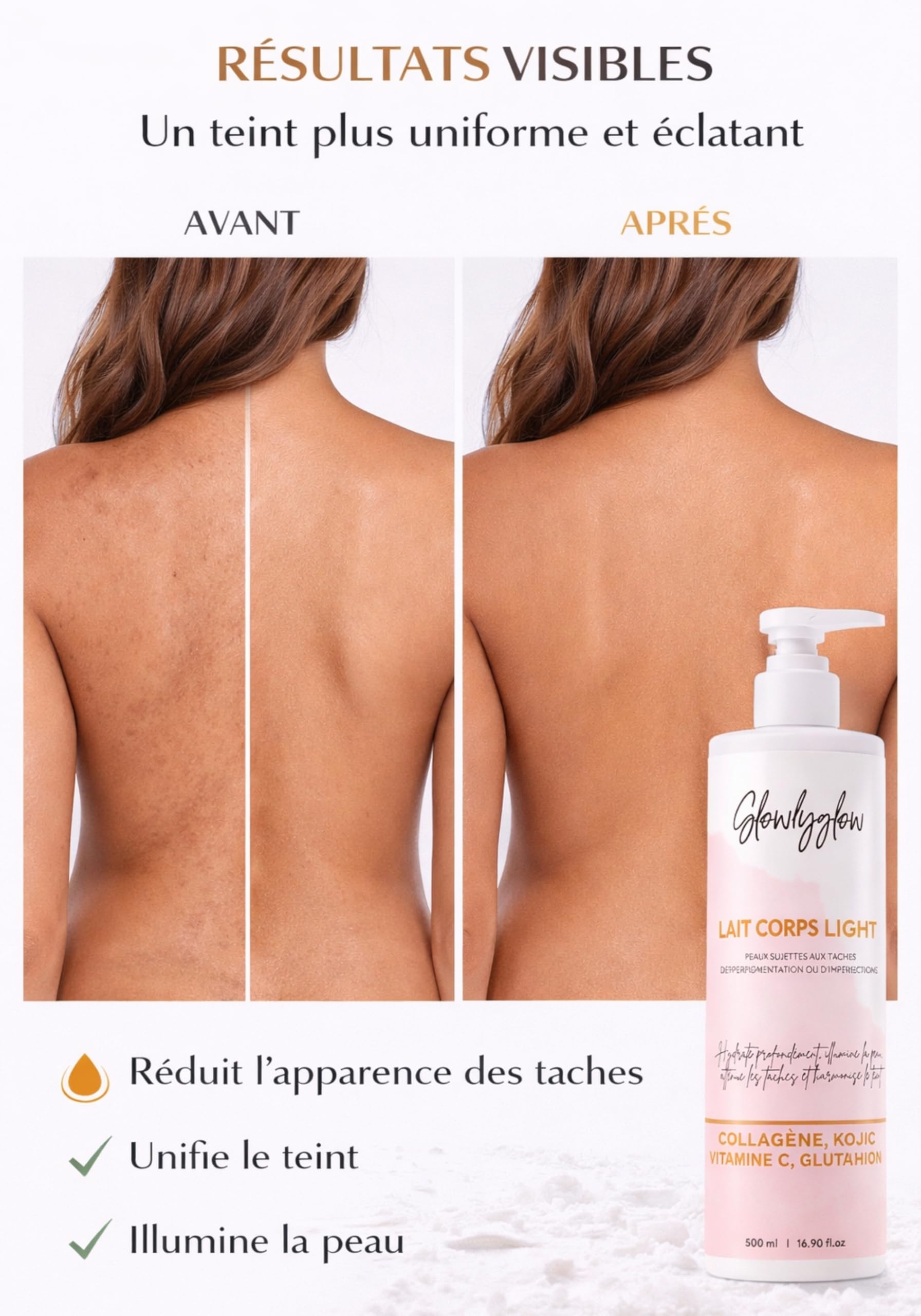 Lait Corps Light – Lait Éclaircissant 500 ml – Glutathion, Vitamine C, Acide Kojique & Niacinamide – Hydratant Corps, Anti-taches, Teint Lumineux & Uniformisé