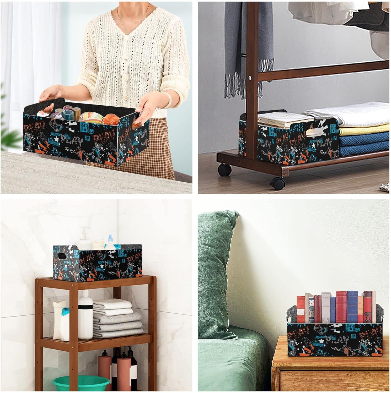 CaTaKu Foldable Storage Basket Gamer Cute Black Collapsible Felt Storage Bins with Handle Drawer Organizer Bin Cube Shelf Box for Organizing Closet Clothes Office Books Bedroom