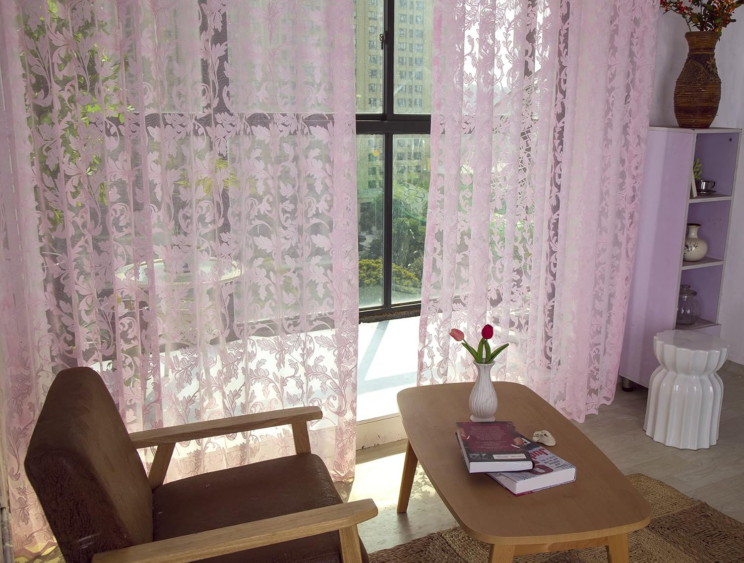 Linen Sheer Curtains Window Treatments Rod Pocket for Living Room Bedroom Country Style High-End Fabric (2 Panels, W 54 x L 90 inch, Pink)