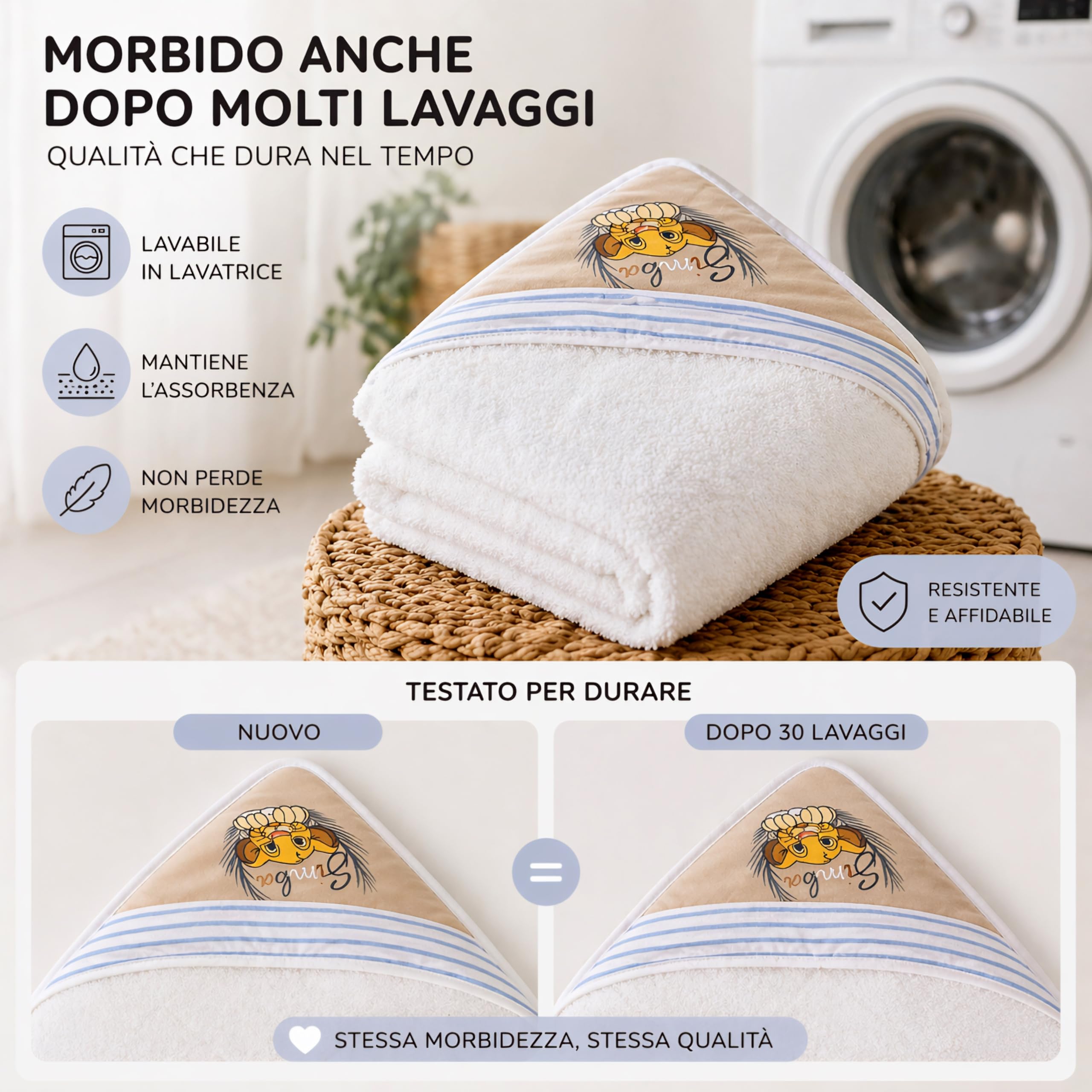 Ellepi Accappatoio Neonato Disney Baby Triangolo 75x75 cm – Idrospugna Innovativa Ultra Assorbente e Morbidissima – Telo Bagno Neonato con Cappuccio Simba e Milù (Simba)