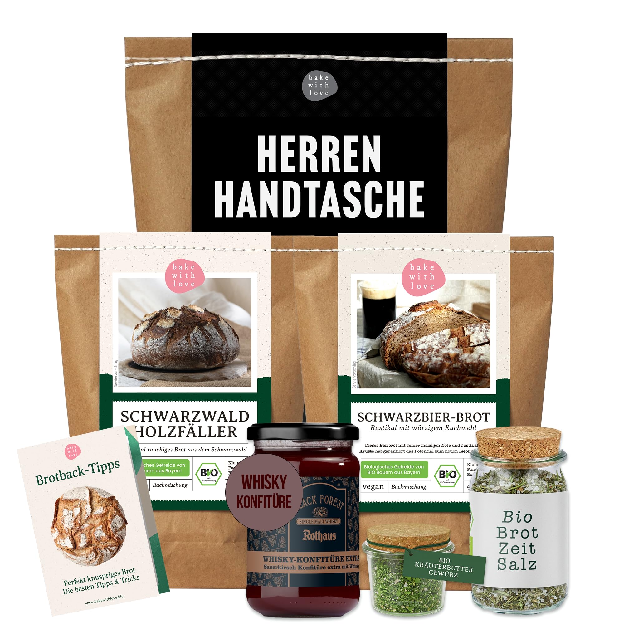 Männerhandtasche Feinkost Geschenkset - Präsentkorb für Männer mit Bio Brotbackmischungen, Whisky Marmelade und Gewürzen - Männergeschenke zum Geburtstag & Mitbringsel zum Grillen - Bake with Love
