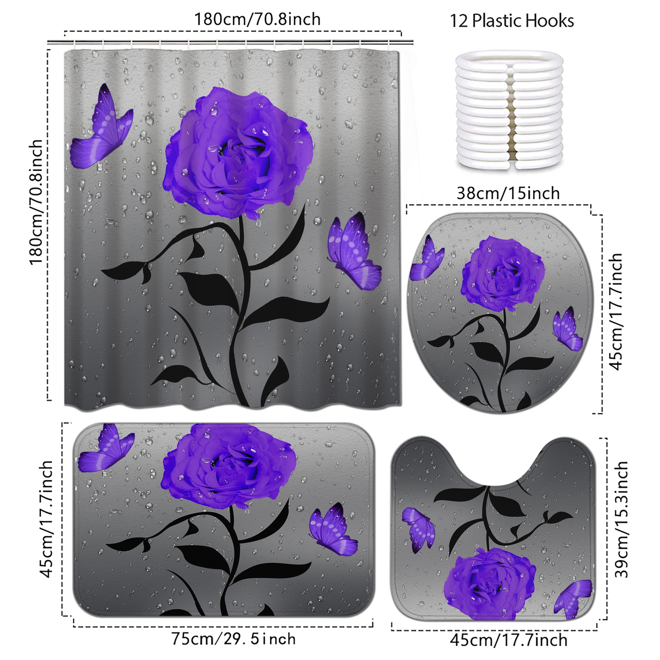 Beifivcl Duschvorhang-Set Mit Violetten Rosen & Leopardenmuster – Inkl. Teppich, WC-Bezug & Matte
