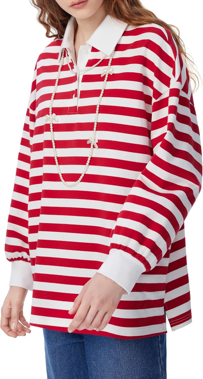 CIDER Women's Striped Polo Sweatshirt Long Sleeve Y2k Rugby Shirts Casual Oversized Pullover Vintage Fall Streetwear - Image 4