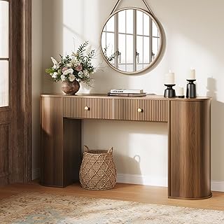 59" Fluted Console Table with 2 Drawers - Wood Entryway Table with Storage, Mid Century Modern Long Sofa Tables Behind Couch with Curved Legs for Living Room, Entry, Hallway, Foyer, Walnut